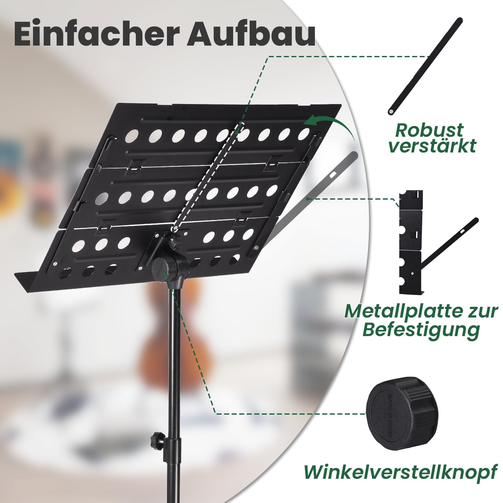 Professioneller Notenständer, höhenverstellbar (49-113cm) robuster Music Stand für Konzert und Reise, Notenständer Klappbar inklusive mit Metall-Dreibein, belüftete Platte & Transporttasche (Schwarz)