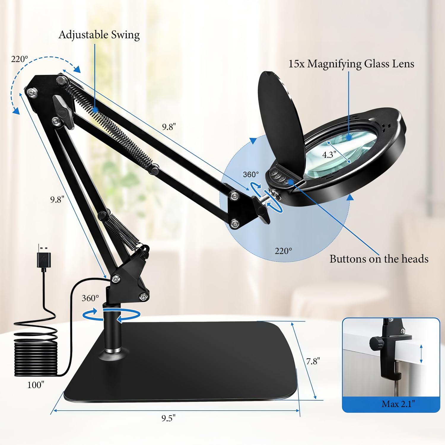 15X Magnifying Glass with Light and Clamp, LED Magnifying Lamp with Base, 5 Color Modes & 10 Brightness Levels, Hands-Free Desk Magnifier with Dust Cover for Crafts, Sewing, Repair, Close Work, Hobby