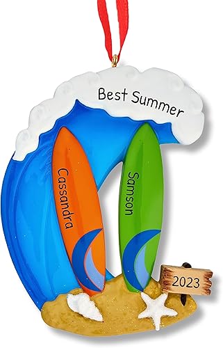 Ornaments by Elves - Adornos navideños personalizados para familias de surf con dos tablas de surf 2023 - Decoración para niños en la playa - Tema