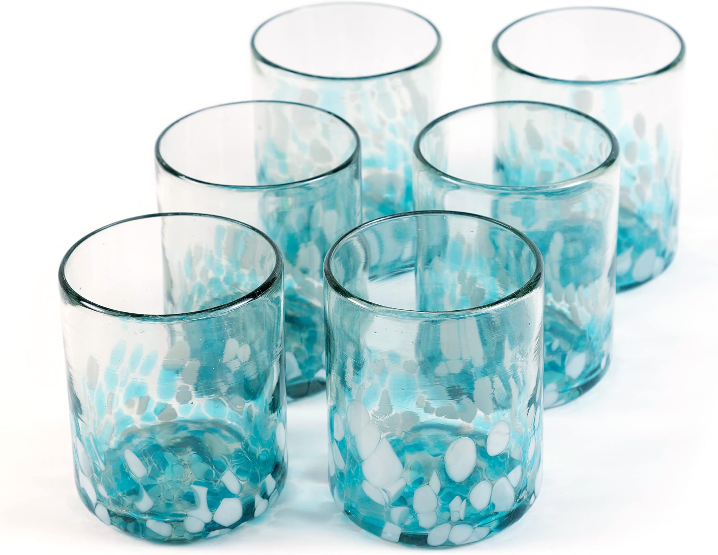 12 oz Hand Blown Mexican Drinking Glasses - Set of 6 tumblers, 11-13 fl oz each, Ocean Blue Confetti