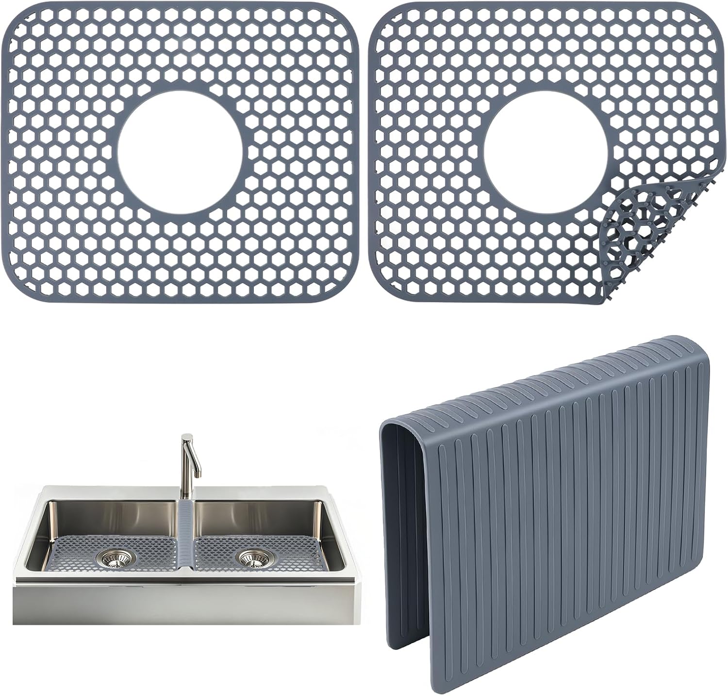 3pcs Grey Kitchen Sink Mats and Sink Saddle Set,13.38 X 11.4inch Non-Slip Heat Resistant Silicone Sink Mat Sink Bottom Grid Sink Divider Center Drain