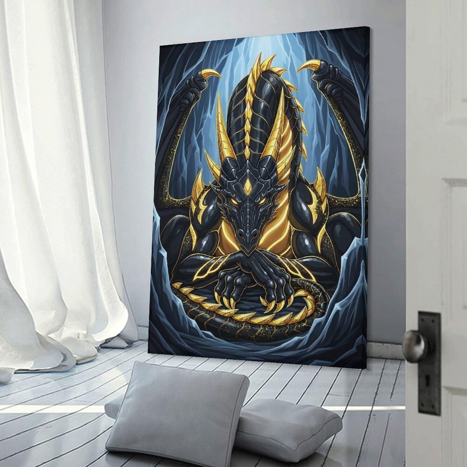 Junmoney Wall Decor Canvas Print Black And Gold Dragon in Cave, 20x30inch(50x75cm), for Sofa Walls, Lounge Or Home Corners, Modern Wall Decor for Cosy Interiors