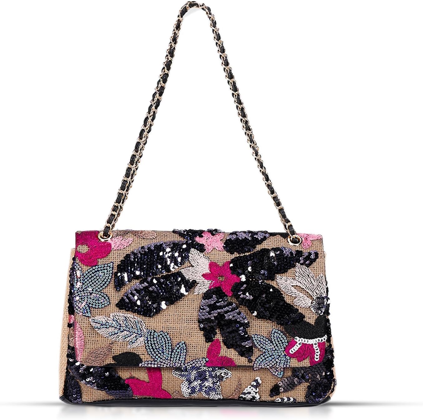 Handmade Sequin Embroidery Straw Tote for Women - Large Capacity Bohemian Shoulder Bag for Beach, Vacation, Travel, Daily, Banquet (Black Flower)