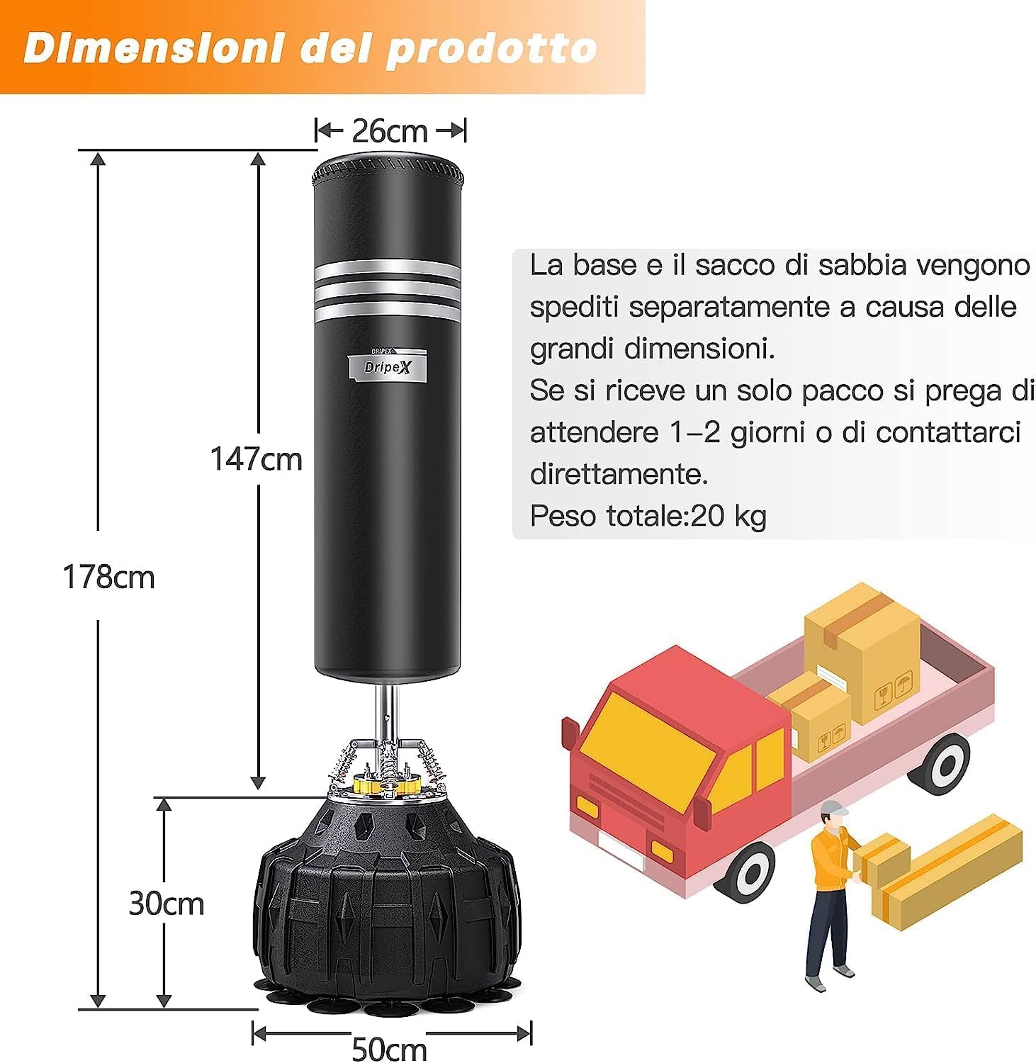Dripex Sacco da Boxe da Terra, 178cm con Base a 19 Potenti Ventose Riempibile 80kg Sabbia Pugilato Kickboxing Autoportante MMA Thai per Adulti con Guantoni da Boxe (Spedizione in 2 Pacchi Separati)