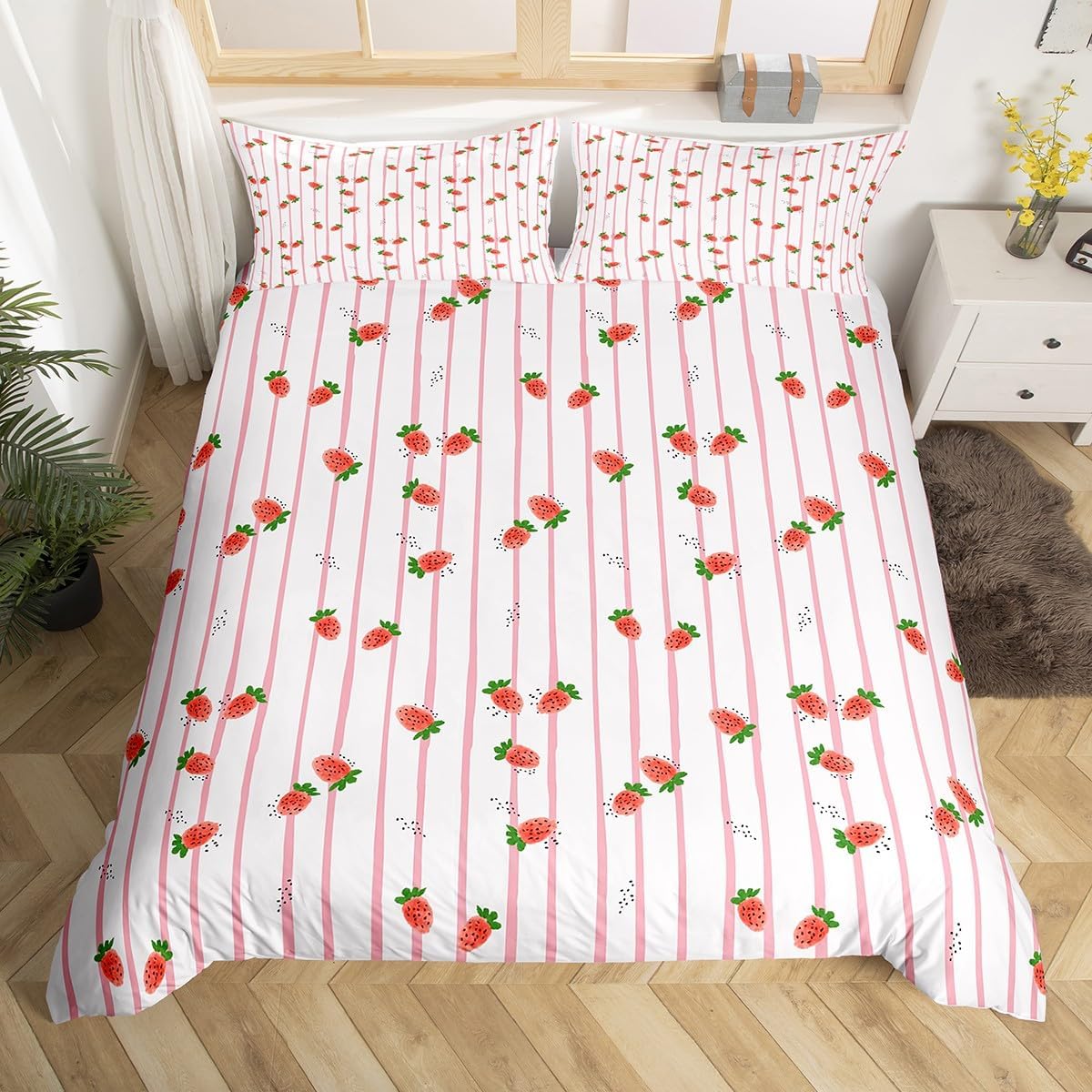 Erosebridal Strawberry Comforter Cover, Kids Cute Fruit Duvet Cover Full Size, Kawaii Strawberry Bedding Set for Girls Women Bedroom, Geometric Stripes Reversible Quilt Cover with 2 Pillow Cases, Pink