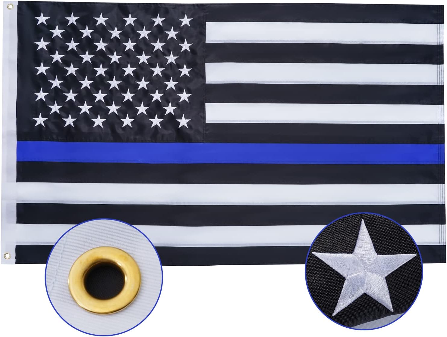 SYII Thin Blue Line Flag 4x6 Feet Outdoor, Luxury Embroidered Stars and Double Stitched Sewn Stripes, Heavy Duty Polyester Back the Blue Police Flags with Canvas Header and 2 Brass Grommets