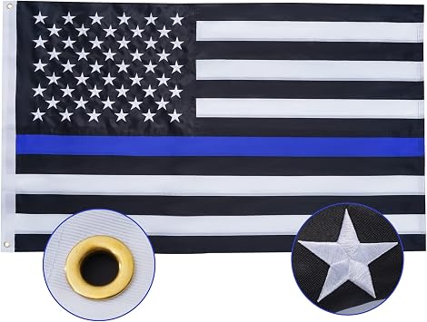 SYII Thin Blue Line Flag 4x6 Feet Outdoor, Luxury Embroidered Stars and Double Stitched Sewn Stripes, Heavy Duty Polyester Back the Blue Police Flags with Canvas Header and 2 Brass Grommets