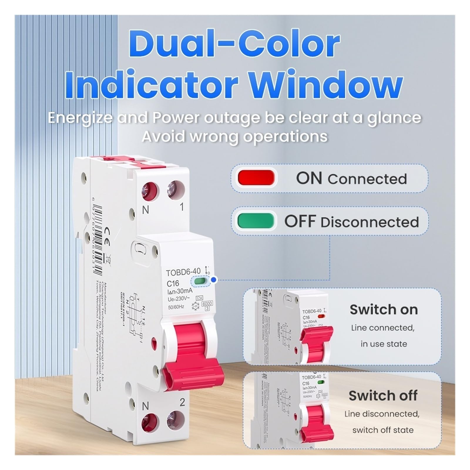 Disyuntor RCBO Tipo A 6kA 30mA/10mA 16A,25A,32A,40A 1P+N Con Protección Contra Sobrecargas Y Fugas(30mA,B16A)