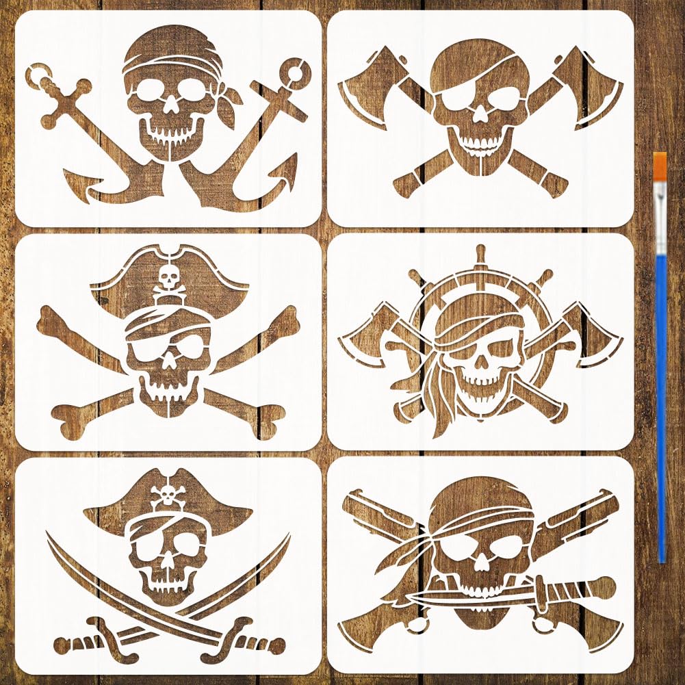 FINGERINSPIRE 6PCS Pirate Painting Stencils with Paint Brush 21x29.7cm Reusable Skull Anchor Rudder Drawing Template DIY Hat Bones Stencil Ocean Theme Template for Painting on Furniture