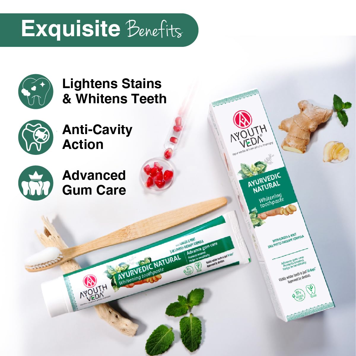 Ayouthveda Pasta dentífrica blanqueadora – Natural, Cuidado de las encías y eliminación de manchas, vegana, paquete de 3 (3 x 100 g)