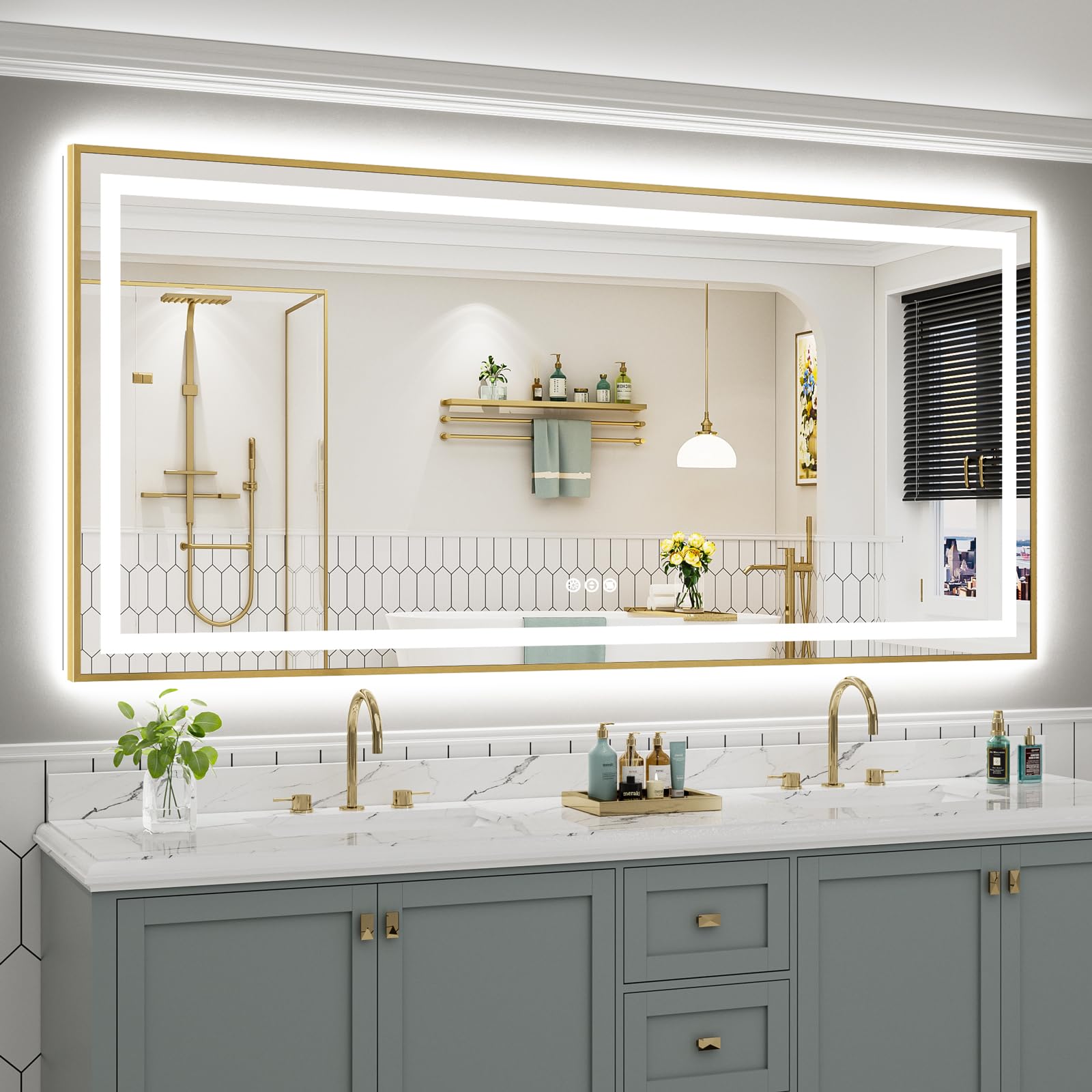 84x40 Inch LED Bathroom Mirror with Gold Frame, Backlit &amp; Front Lit