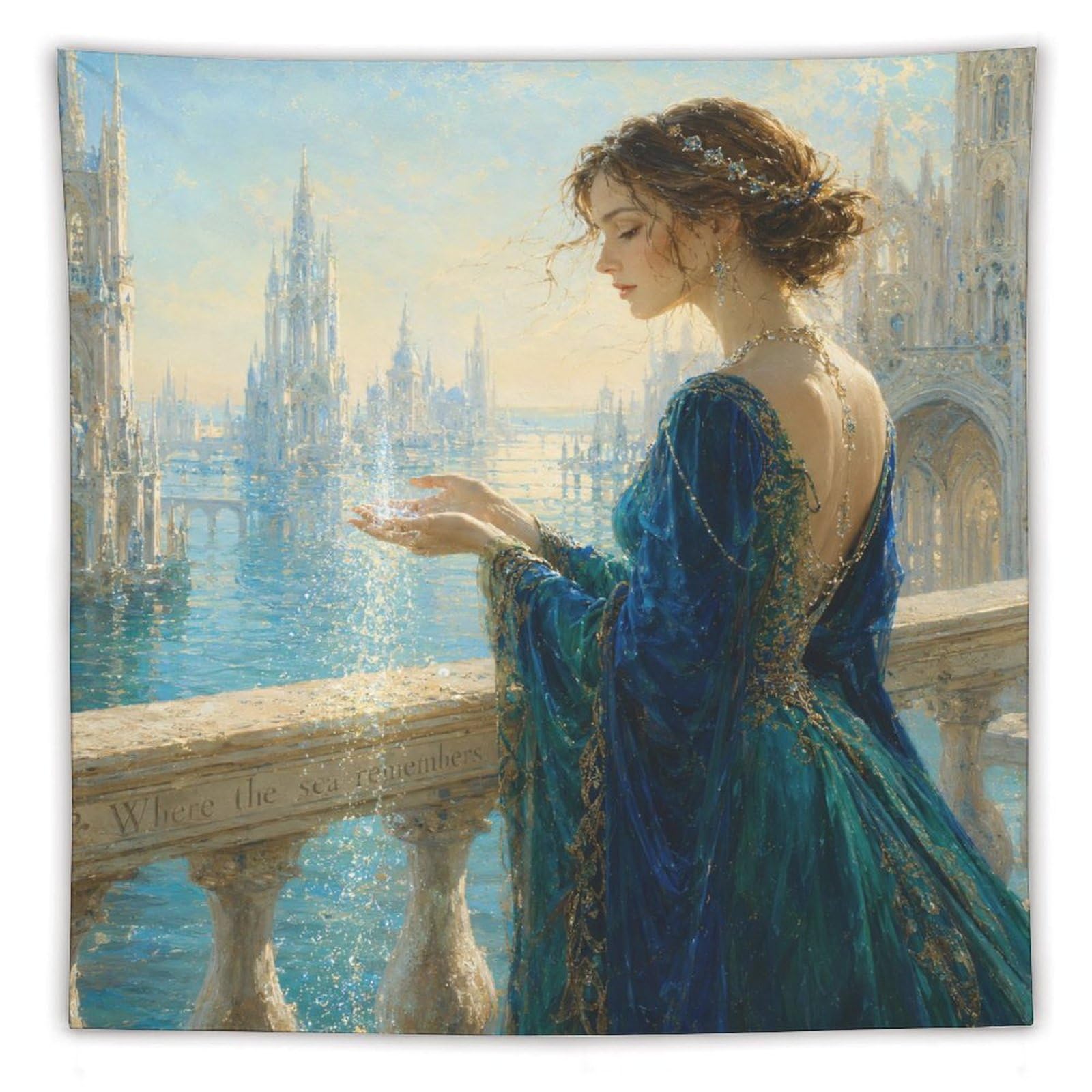 W7C8U2X3 Woman in Blue Dress Wall Tapestry, Realistic Illustration, Office