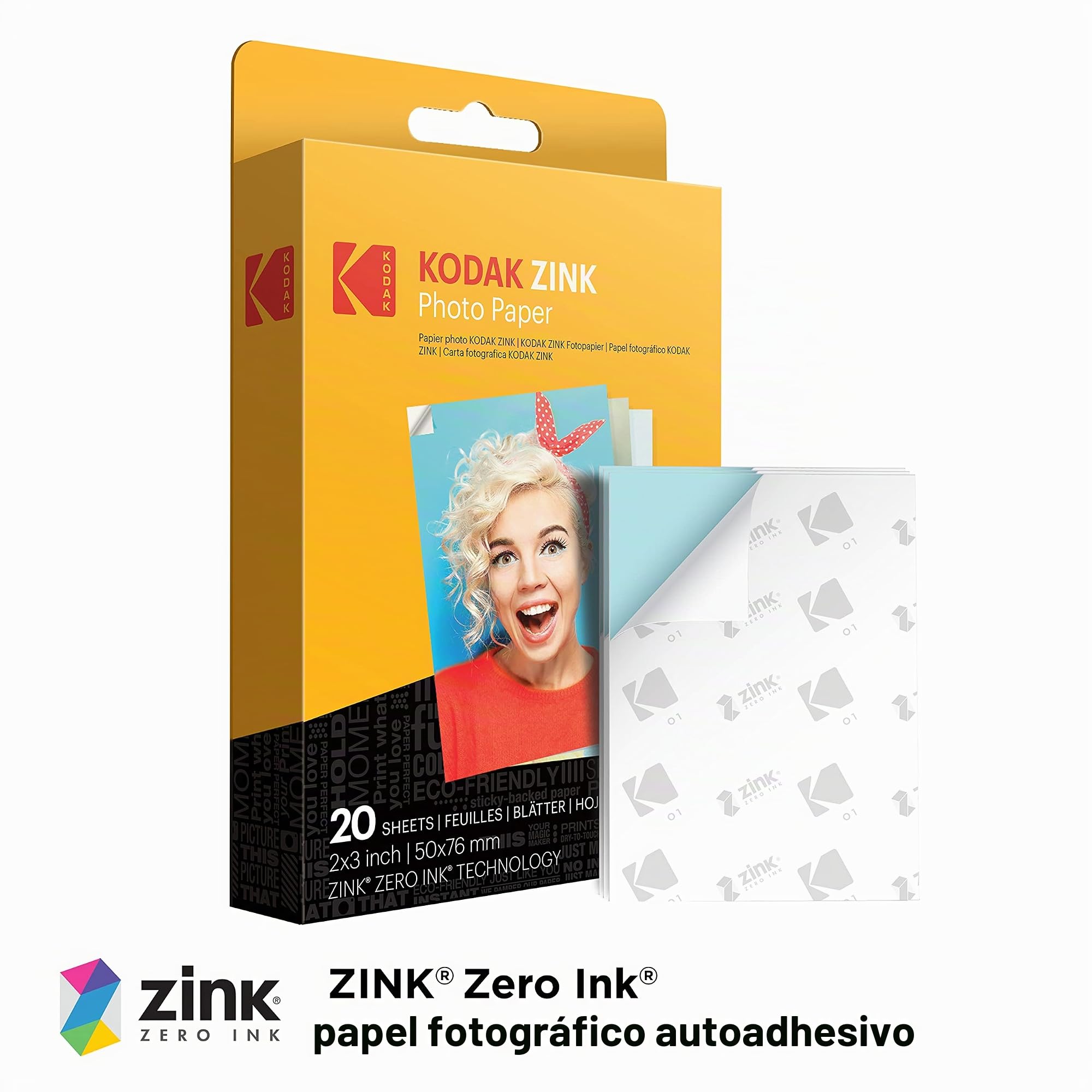 KODAK Step Impresora Móvil com Tecnologia Zink - Imprime Fotos Adhesivas de 2X3 Pulgadas & Papel Fotográfico Zink Premium de 2X3 Pulgadas (20 Hojas) Compatible con Smile, Step, Printomatic.