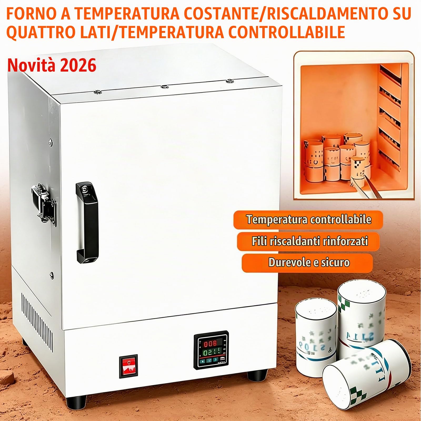 Forno Elettrico per Ceramica 2000W – Mini Forno a Muffola con Controllo Digitale Preciso ±1°C, Forno Compatto per Casa, per Metalli, Gioielli, Vetro, Argilla e Trattamenti Termici