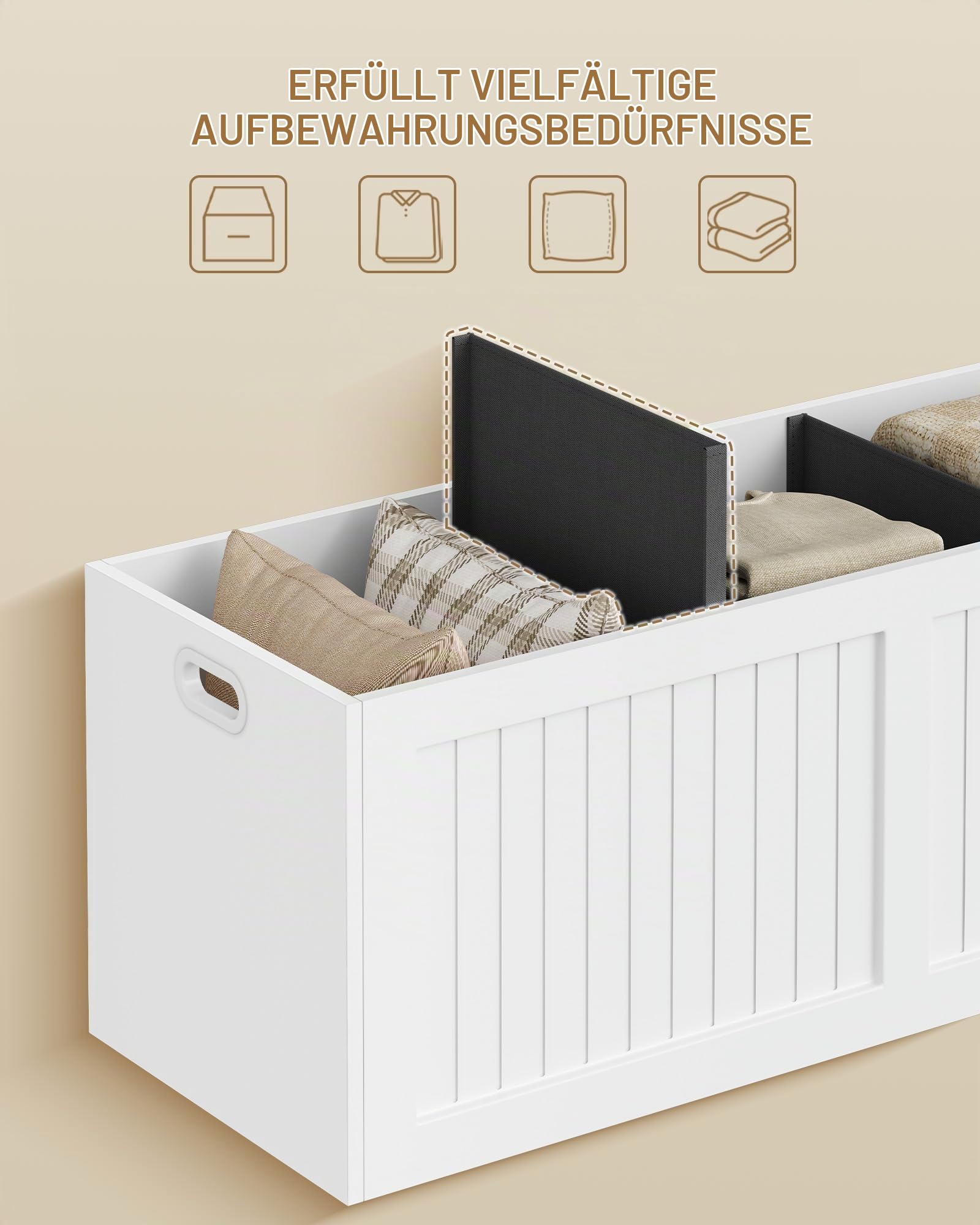 Hzuaneri Schuhbank mit Stauraum, 109 cm, Mit Leinenkissen, Weiß-Grau | Sitzbank, Aufbewahrungsbox, Für Wohnzimmer, Foyer und Eingangsbereich, 40 x 109 x 44,5 cm, SB01903GY