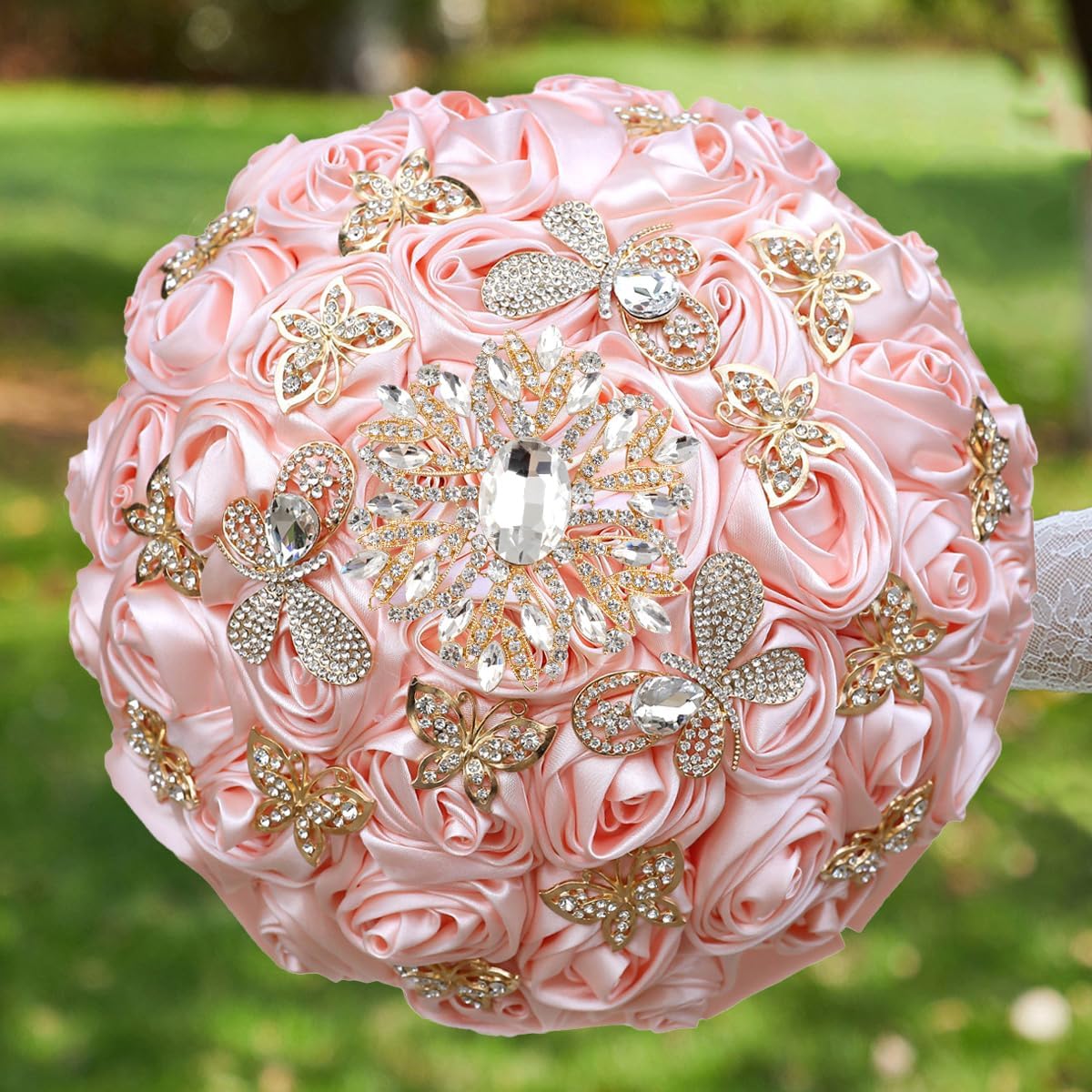 Shell Pink Golden Brooched Bouquets Bride Holding Bouquet Bridesmaids Bouquet Satin Roses with Crystal Diamond for Wedding Decoration. (Pale Shell Pink)