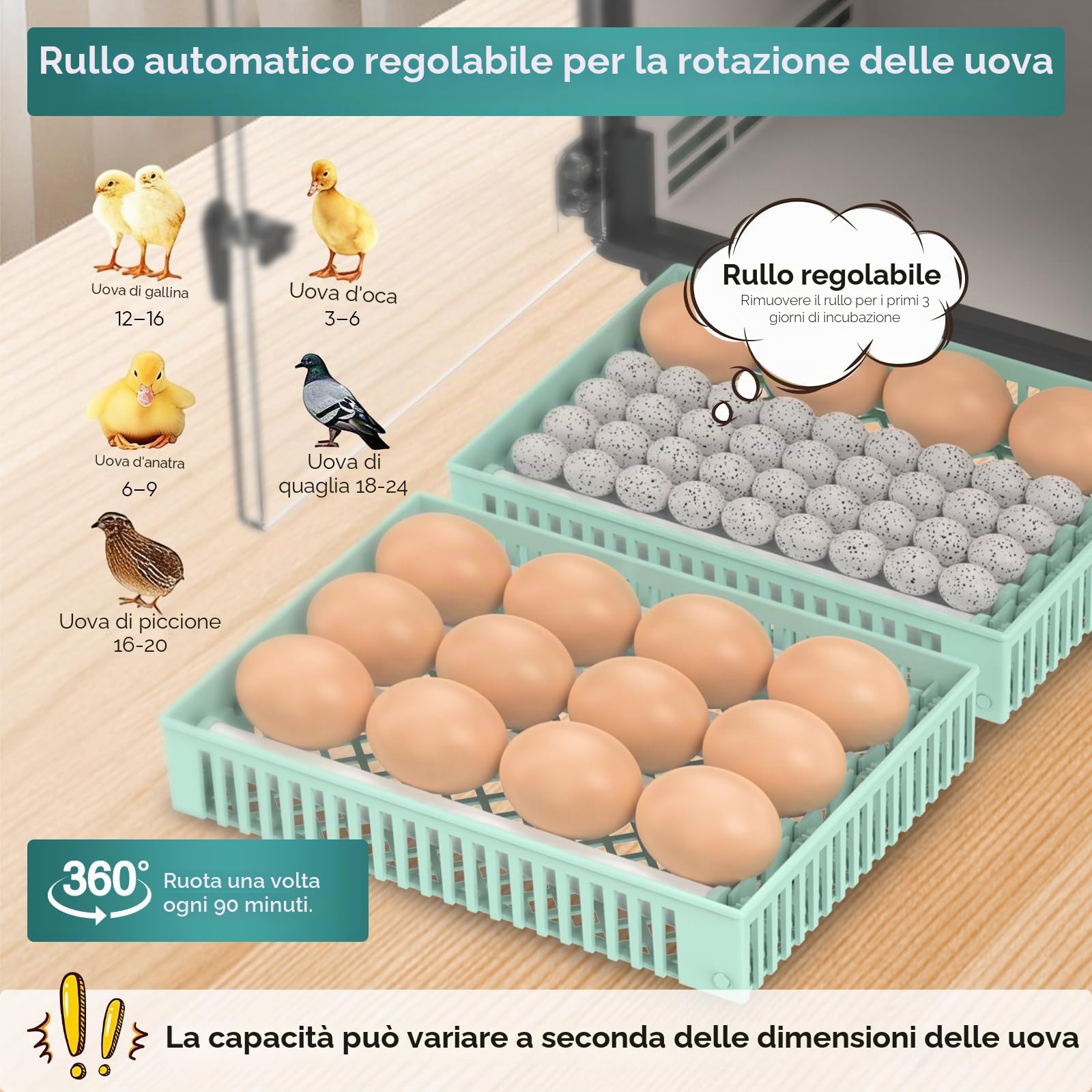 Macchina incubatrice completamente automatica, 24 uova con paletta automatica e controllo della temperatura, doppio alimentatore, incubatrice incubatrice per polli, quaglie, anatre (A)