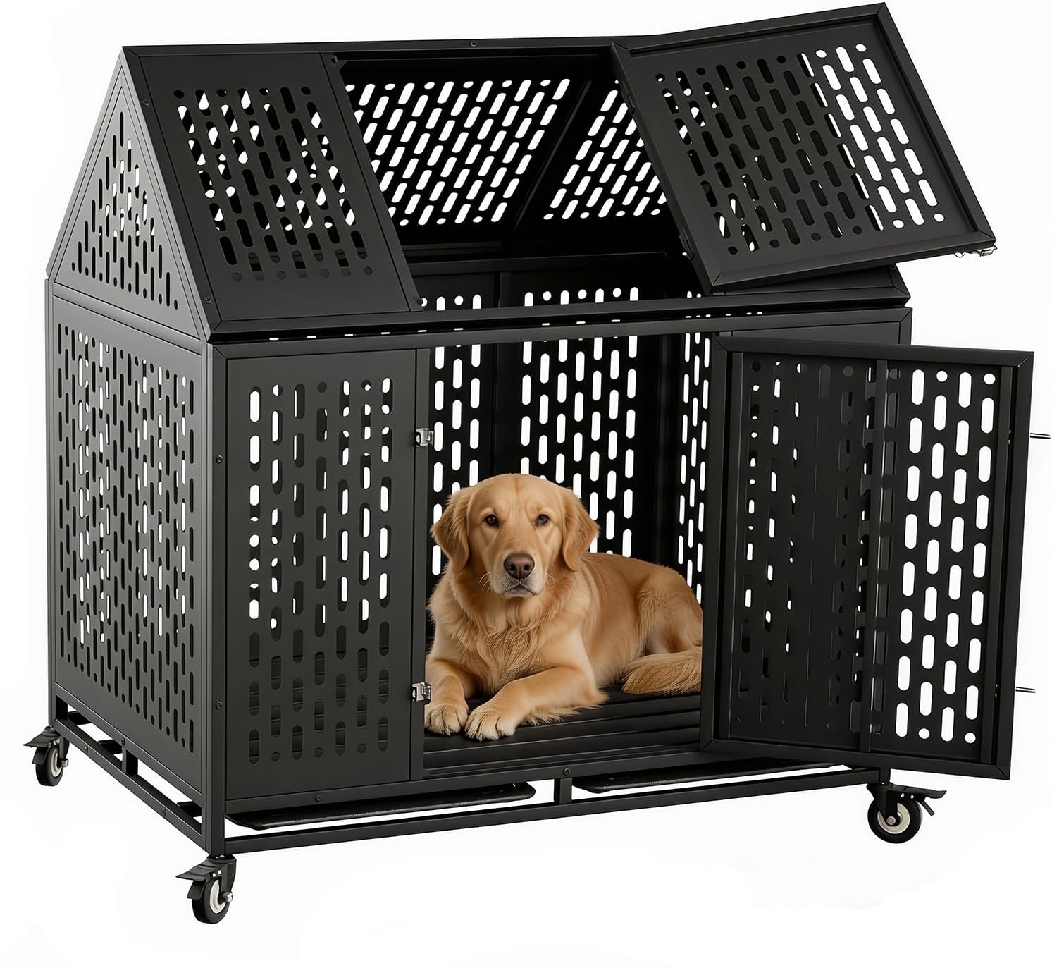 44 Inch Heavy Duty Indestructible Dog Crate with Wheels, Steel Escape-Proof Indoor Double Door High Anxiety Cage, Durable Chew-Proof Kennel with Removable Tray for Large Medium Dogs