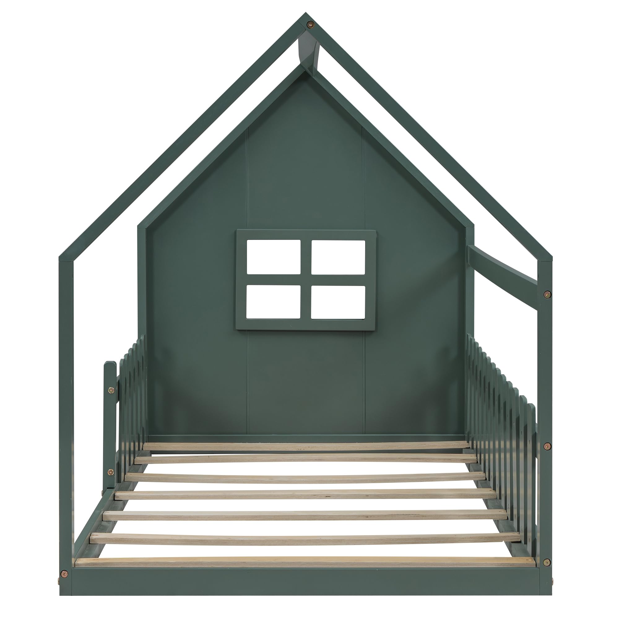 Bodenbett 90x200, Rausfallschutz Bett, Hausbett, Kinderbett 90x200 bodentief für Jungen & Mädchen, Kinder Bett aus Kiefer Holz, Bett mit Lattenrost, Babybett, Kleinkindbett (Grün)