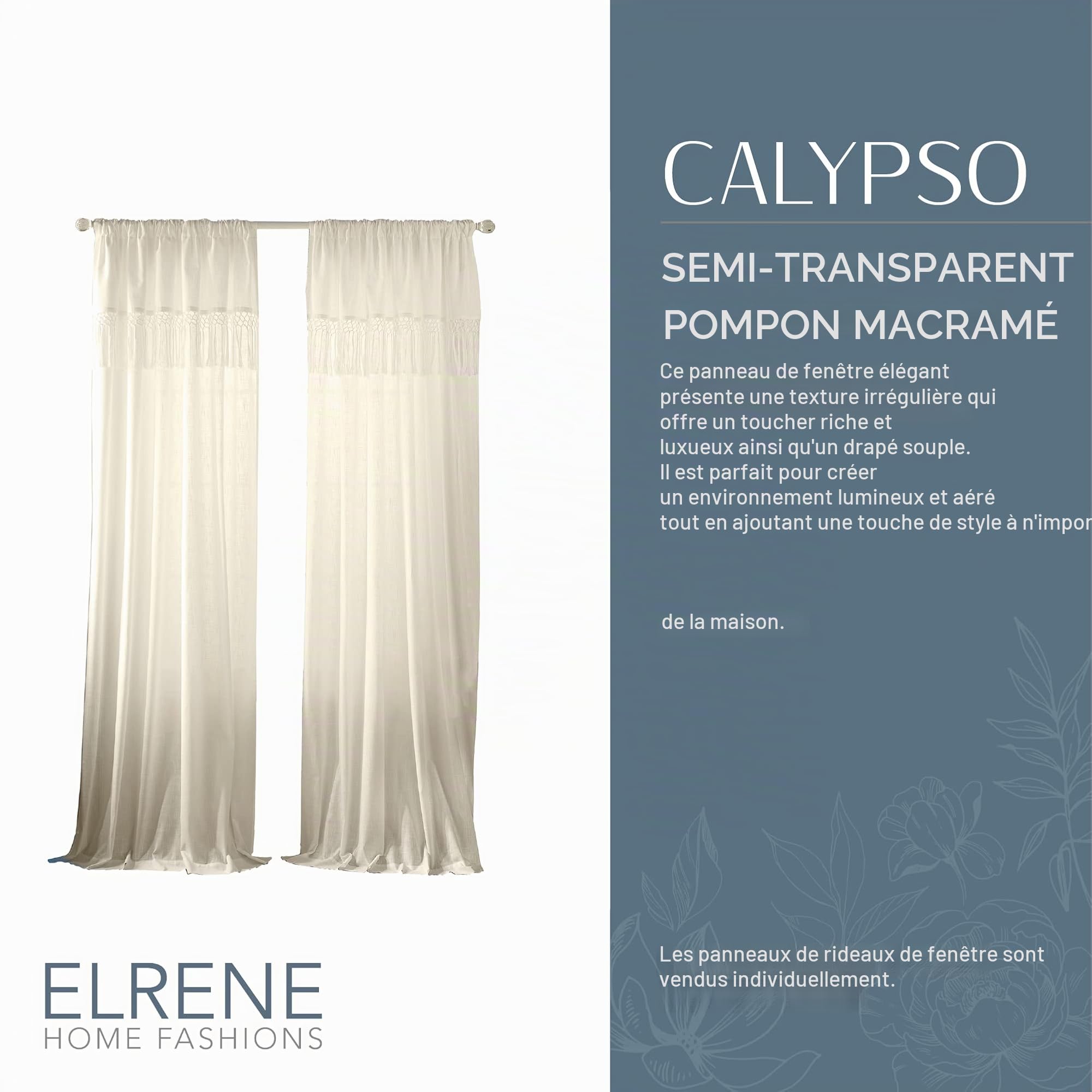 Elrene Home Fashions Rideau de fenêtre Semi-Transparent à Pompons en macramé, Ivoire, 132,1 cm de Large x 241,3 cm de Long (Lot de 1)