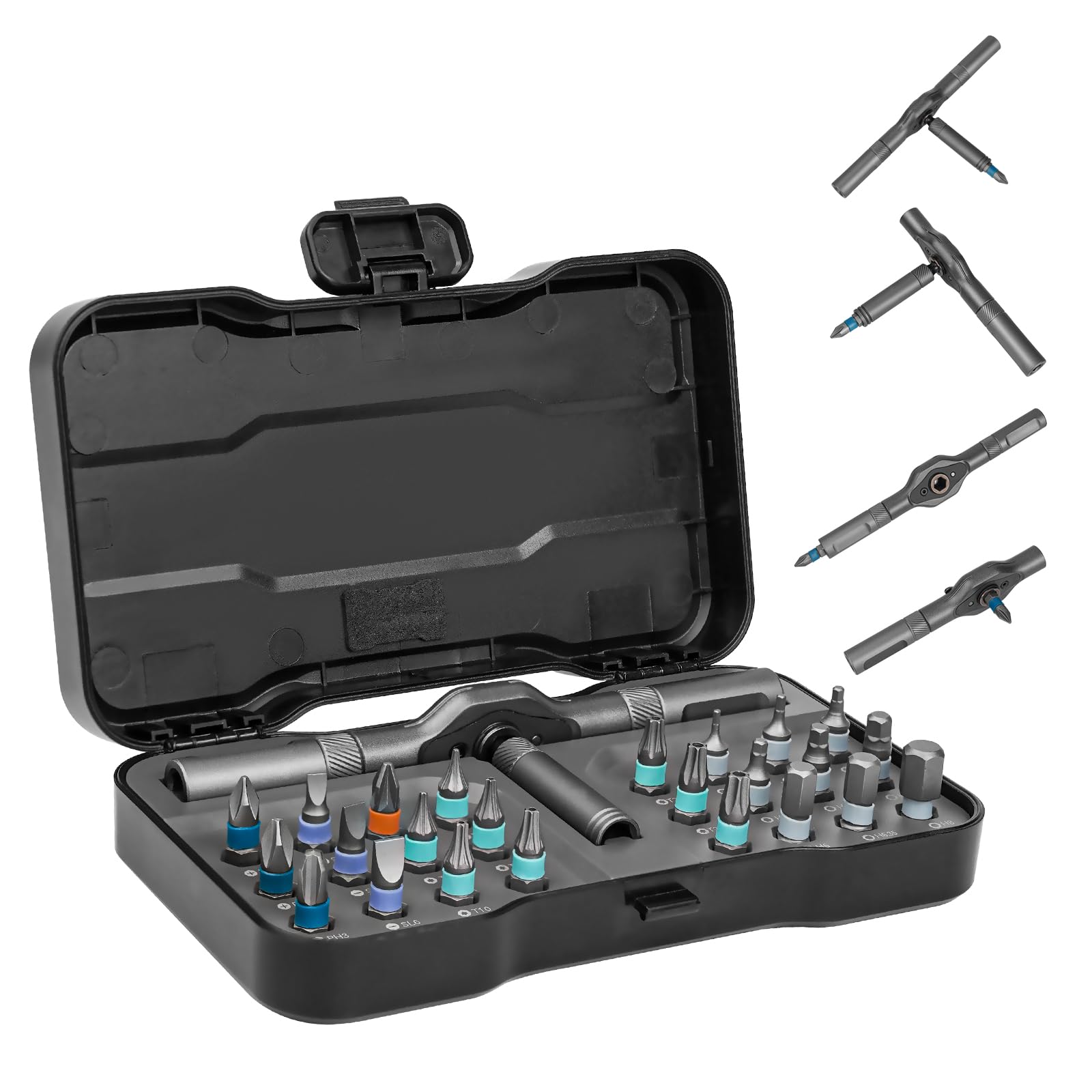 Hychika Better Tools For Better Life Grey Hychika 24 In 1 Ratchet Screwdriver Set - Mini Reversible Handle High Torque Ratchet Wrench Tight Quarter Right Angle Offset Screwdriver Bit Set