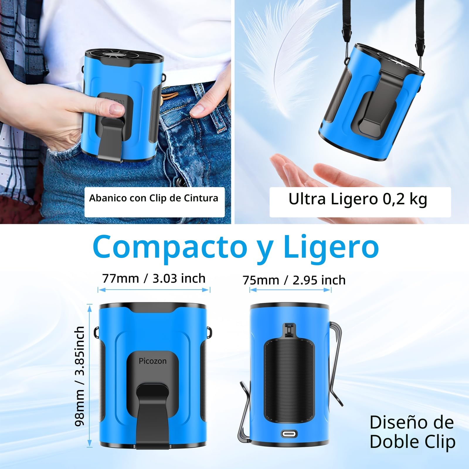 Picozon Ventilador Inteligente Portátil con IA，Recargable con 4 velocidades ajustables, Diseño manos libres y portátil (clip para cintura y collarín) - Azul