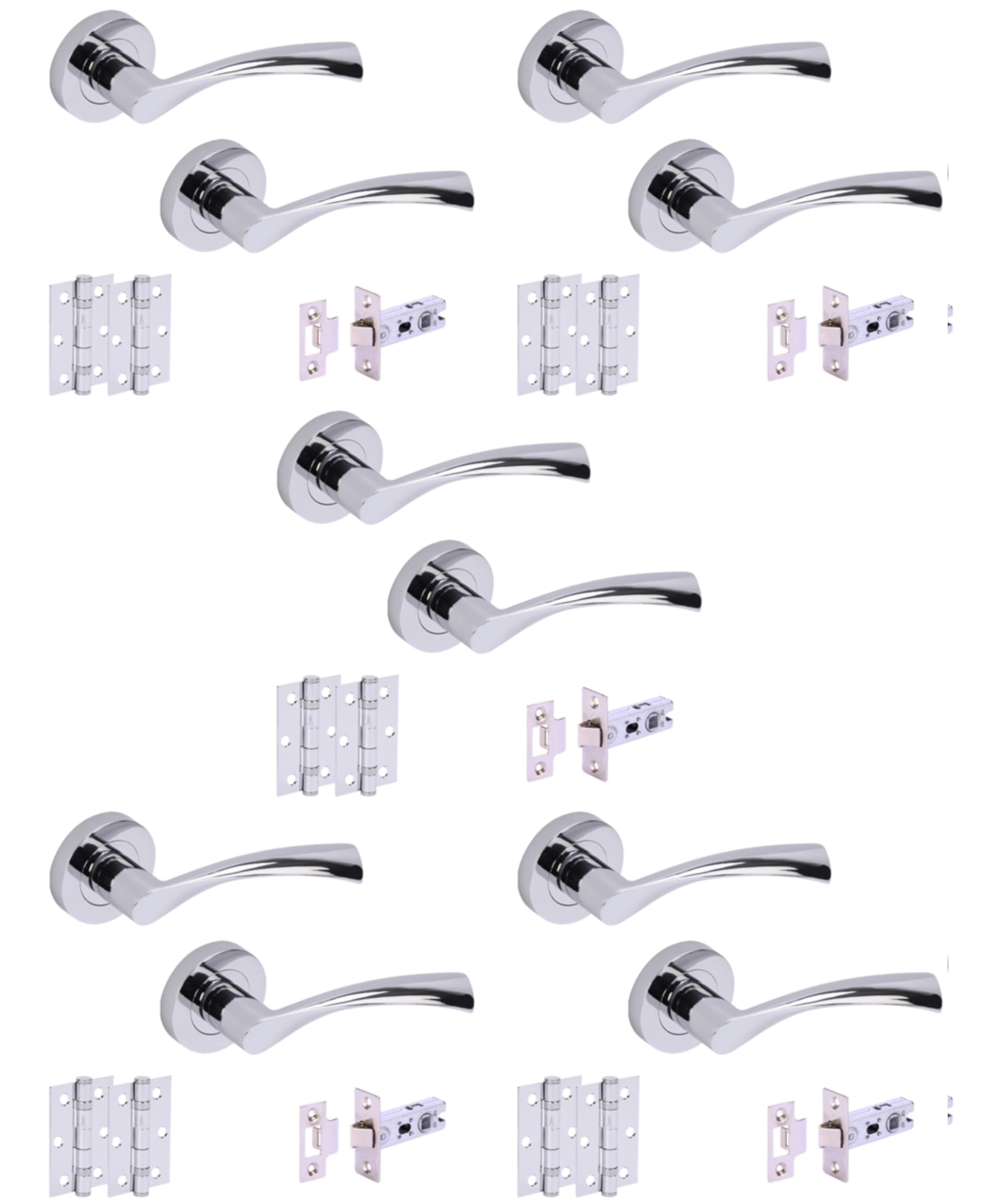 Hunta Polished Chrome Handlezone® 5 Sets Lobo Internal Door Handles On Rose Lever Latch Packs With 75Mm Ball Bearing Hinges And 65Mm Latches