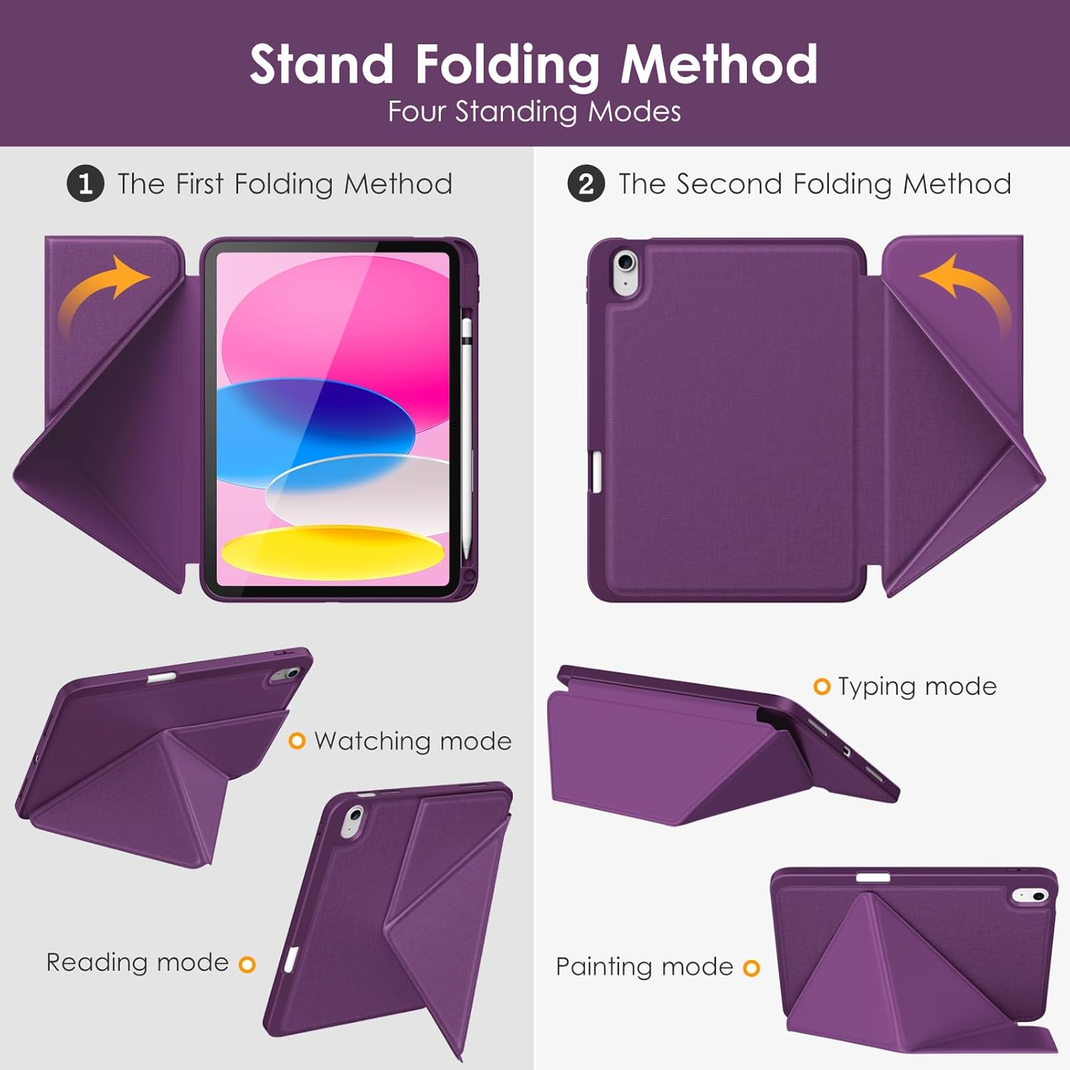 DTTO for iPad (A16) 11th Generation Case 11 Inch 2025, iPad 10th Generation Case 10.9 Inch 2022, Foldable Stand Cover with Landscape and Portrait Modes & Pencil Holder, Dark Purple