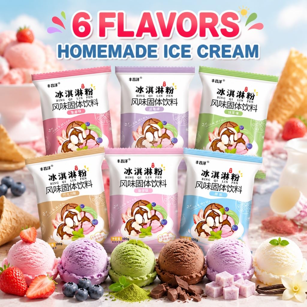 Miscela Di Gelato In Polvere A 6 Gusti - Base For Dessert Fatto In Casa Fai Da Te For Dolci E Negozi, Confezione 100 G (fragola, Mirtillo, Matcha, Cioccolato, Taro, Originale)