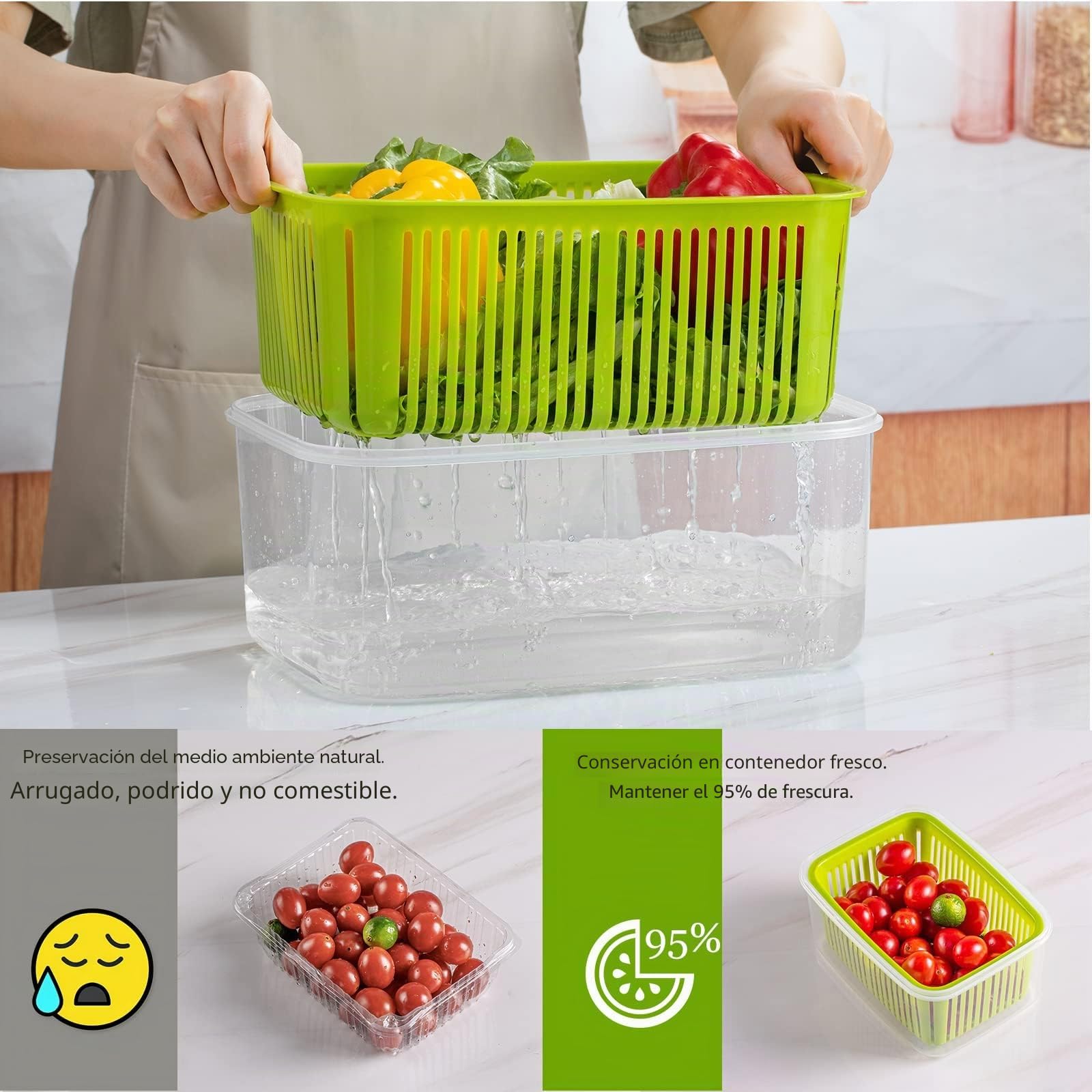 Luxear Juego de 5 Recipientes de Alimentos Nevera con Colador y Tapa, Verde | Recipientes de Almacenamiento Fresco, Contenedor de Plástico sin BPA para Ensalada Verduras Frutas Queso, Lavavajillas