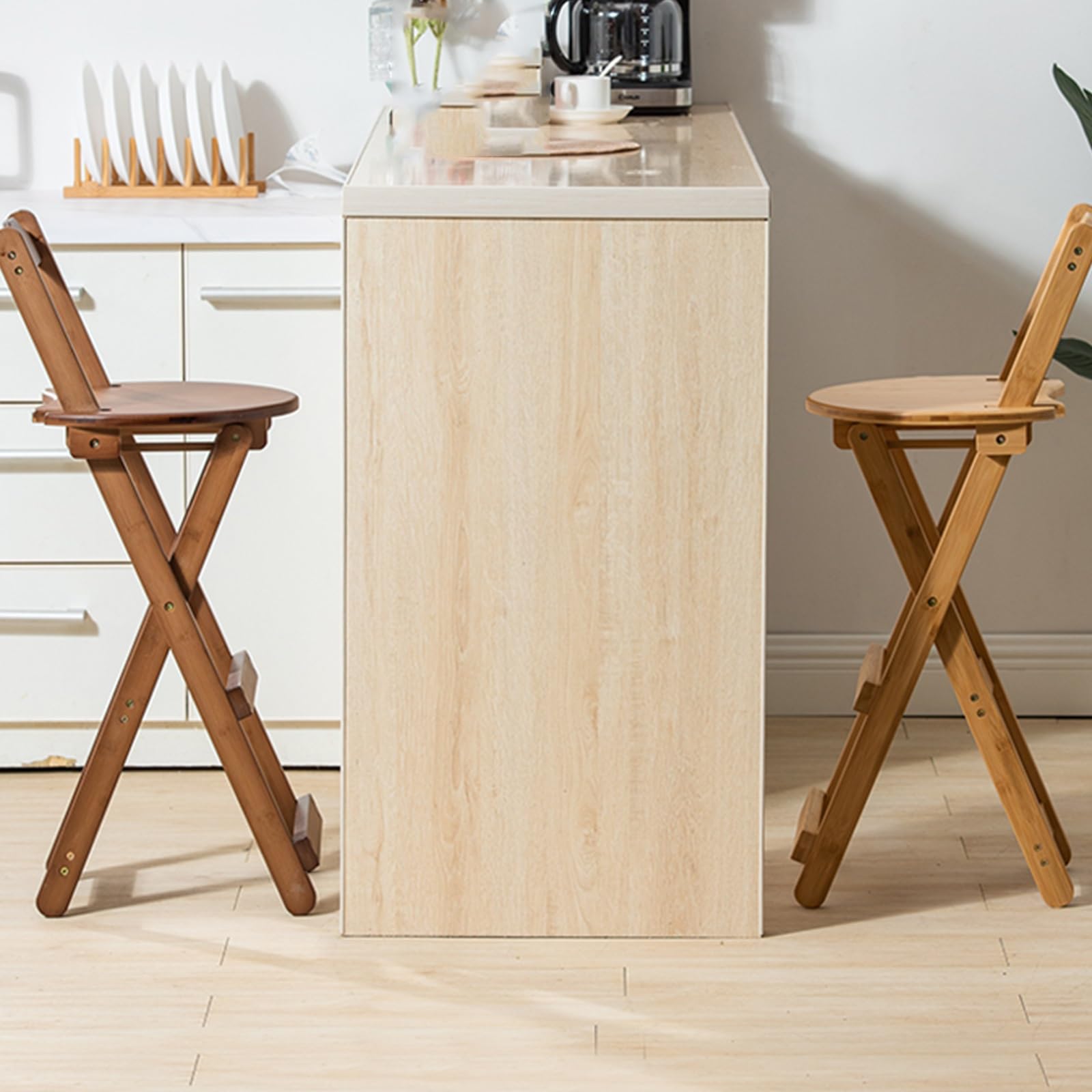 Sgabello da Bar Pieghevole con Schienale, Seggiolone Portatile, Finitura Lucida, Ideale per Cucina E Soggiorno, Legno Naturale, Design Salvaspazio, Leggero E R,Natural Wood-Small