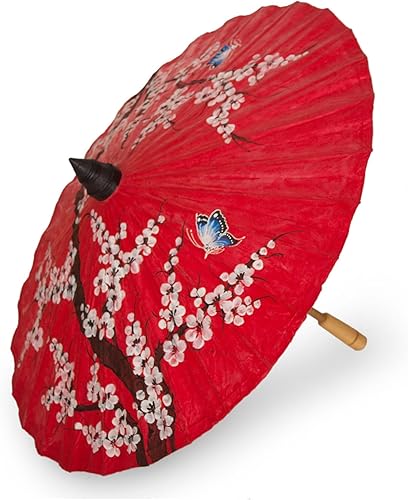 NOVICA Sombrilla artesanal de papel Saa hecha a mano, flor de cerezo tailandés, bambú, rojo y blanco, Bamboopaper, accesorios de decoración de