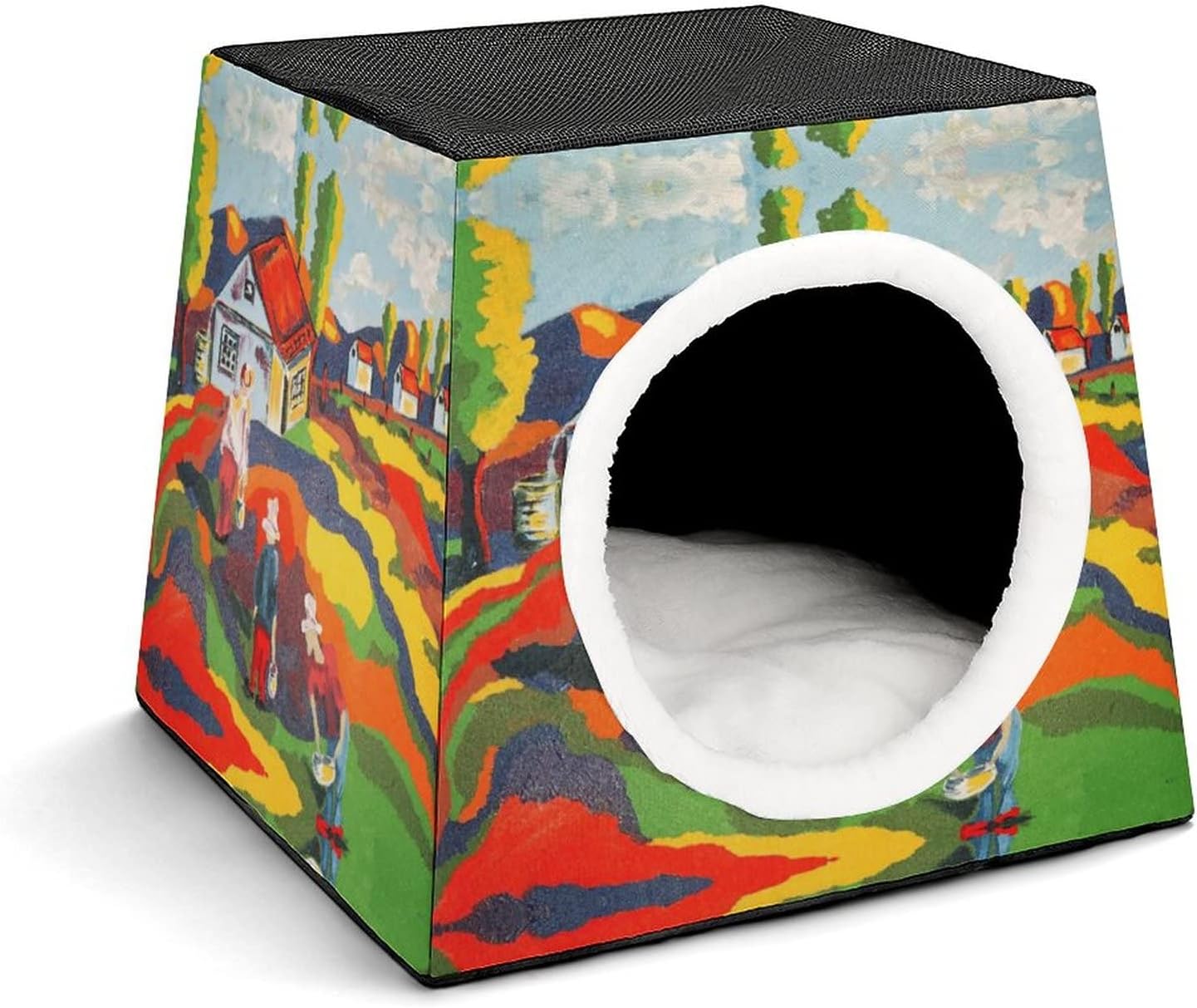 Printed Pet House for Cats or Small Dogs Indoor Cat Bed Sofa Outdoor Cat Cube Condo Oil Painting Farmland Village