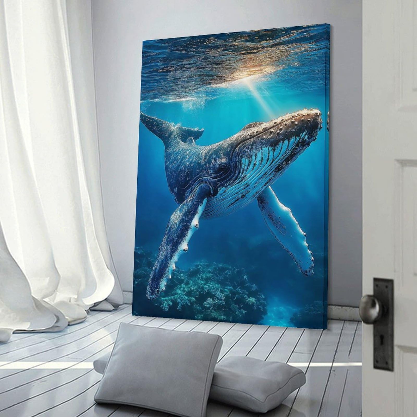 Junmoney Frame-Style-1 Canvas Wall Picture Humpback Whale Underwater Poster, Picture, Metal Print, Paint By Creed, 20X30inch(50X75cm), For Bedroom, Lounge Or Dressing Area, Stylish Decor For A Restful Room Update
