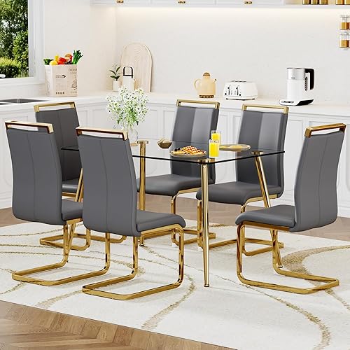 Miniatura 15 de Ebullient Juego de mesa de comedor de cristal para 4, juego de 5 piezas con 4 sillas de comedor de piel sintética negra, mesa de vidrio templado de