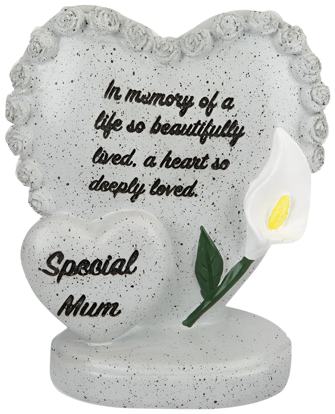 Mum Grave Ornament Memorial Double Heart with White Lily & Rose Border – Stone Effect Headstone Decoration with Inscription Plaque, Freestanding Graveside Tribute Keepsake for Cemetery Garden