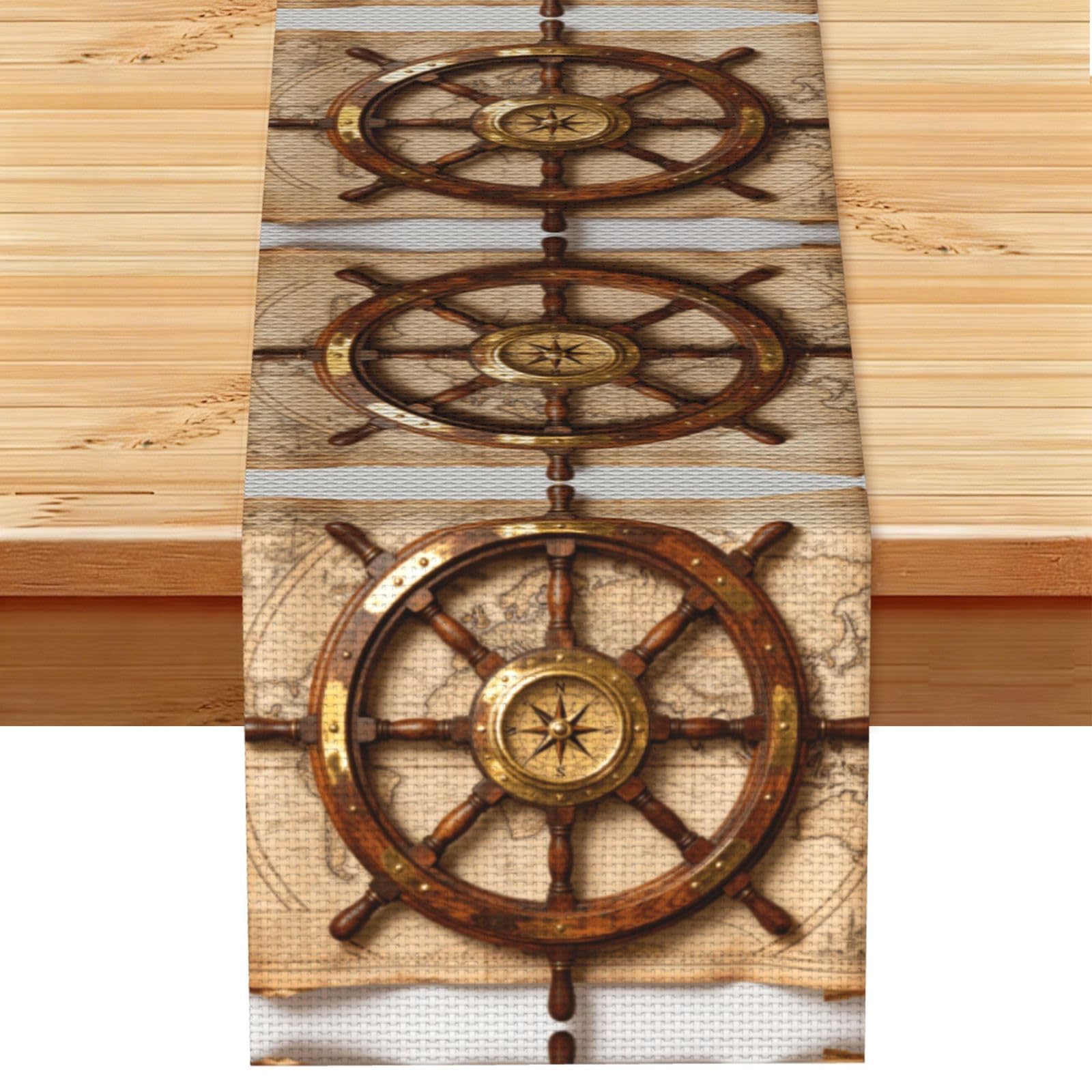 Ship Wheel Compass Linen Look Table Runner 13x72-Wrinkle Resistant Farmhouse Style for Dining Table Decor