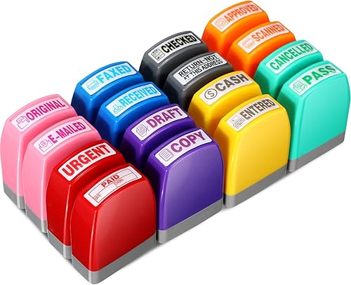 Yeaqee Juego de 16 sellos de goma autoentintados para oficina, aprobado, copia, fax, mensaje escaneado, cuenta, negocios, sellos de papel, trabajo,
