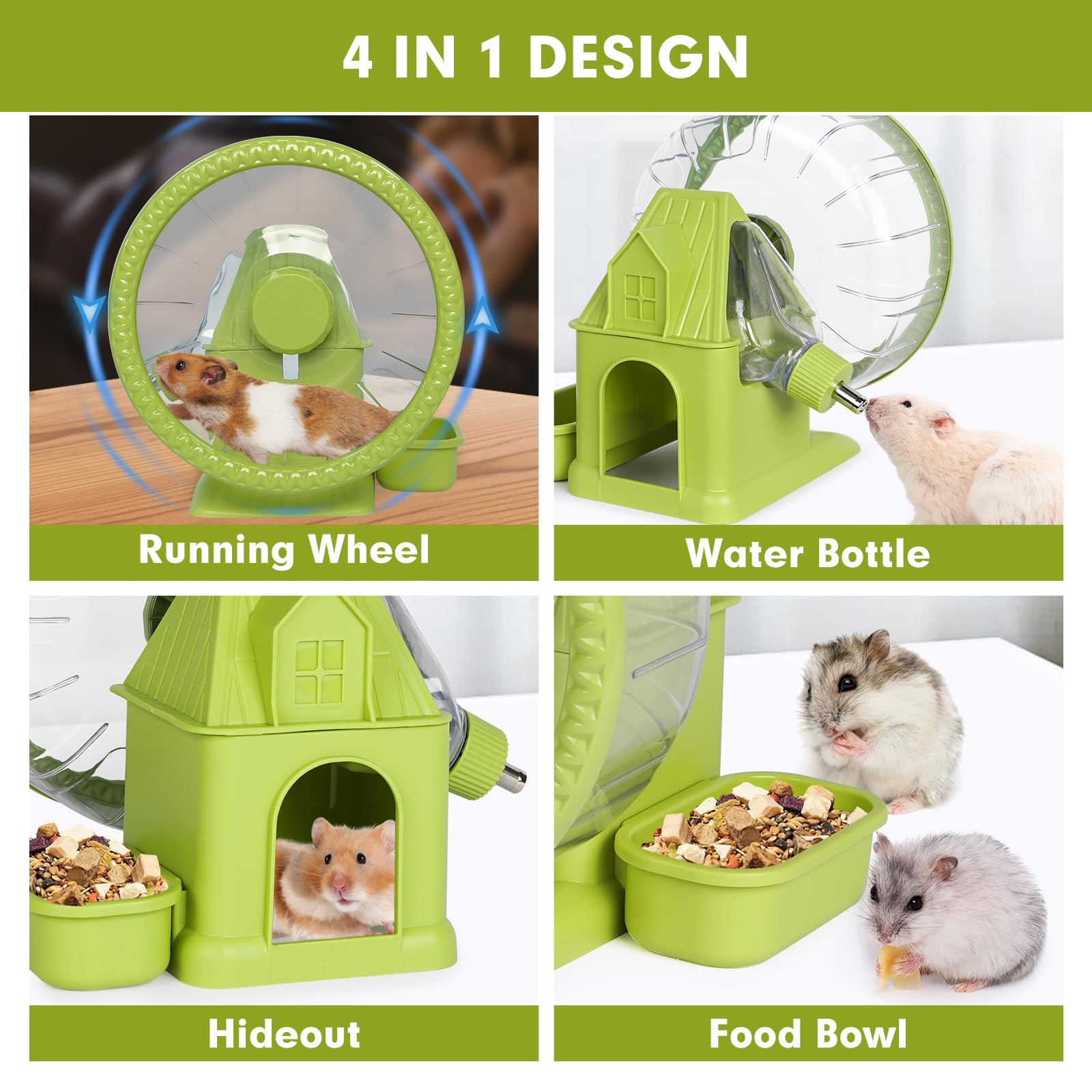 Vannon Roues d'exercice 4 en 1 super silencieuses pour hamster avec bouteille d'eau, récipient alimentaire et base cachette, grande roue rotative pour hamster, gerbilles, souris, vert