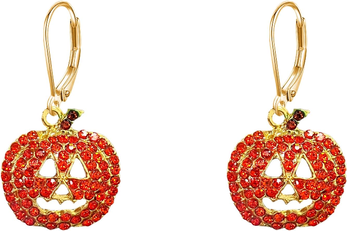 Anmpab Crystal Pumpkin Dangle Drop Earrings for Women Halloween Gold Hoop Earrings with Sparkling Fall Party Jewelry