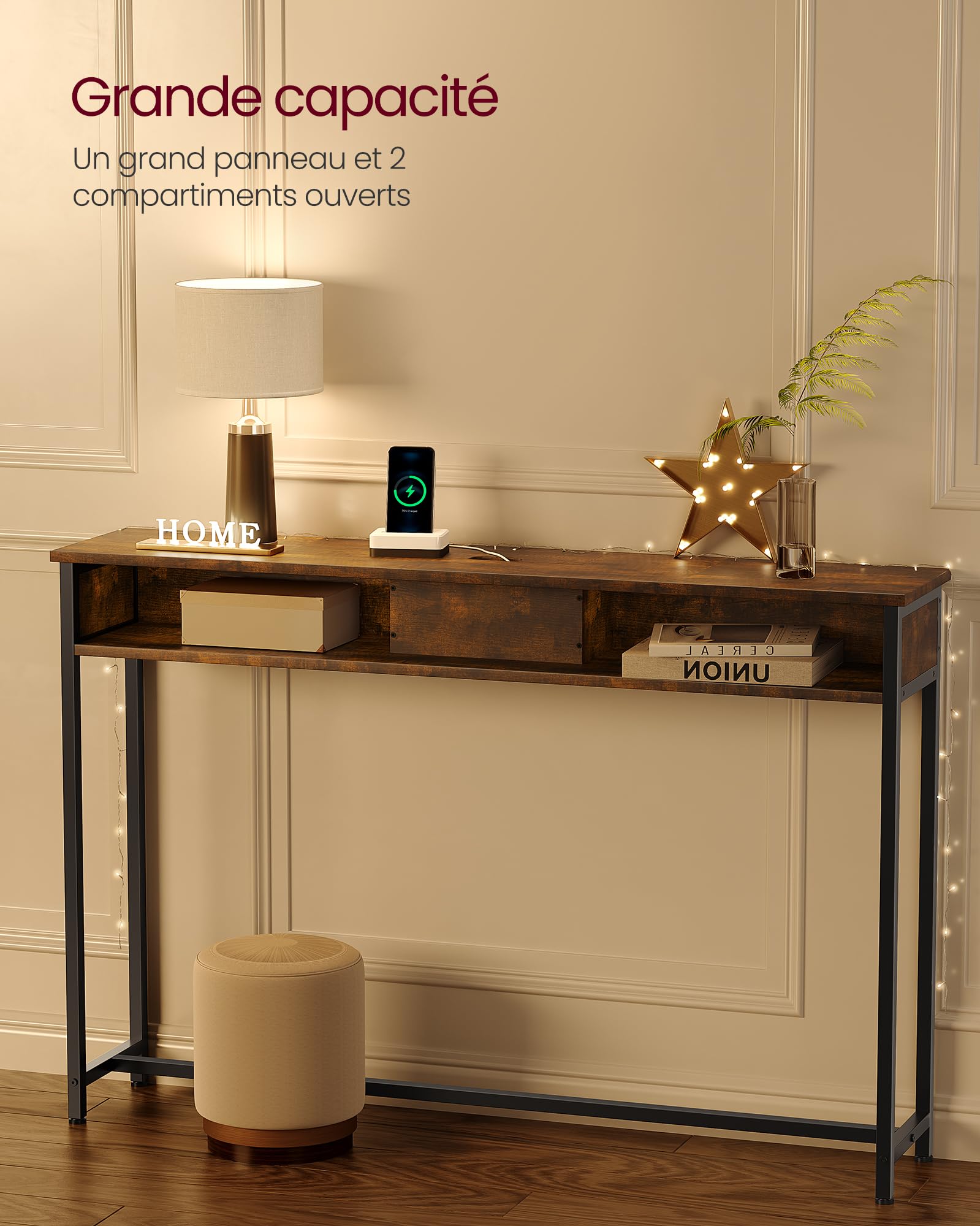 VASAGLE Table Console Fine avec Multiprise, Table de Canapé avec 2 Compartiments, Chargement Caché, Gain de Place, 25 x 120 x 81 cm, pour Entrée, Salon, Marron Rustique et Noir d’Encre LNT111K01