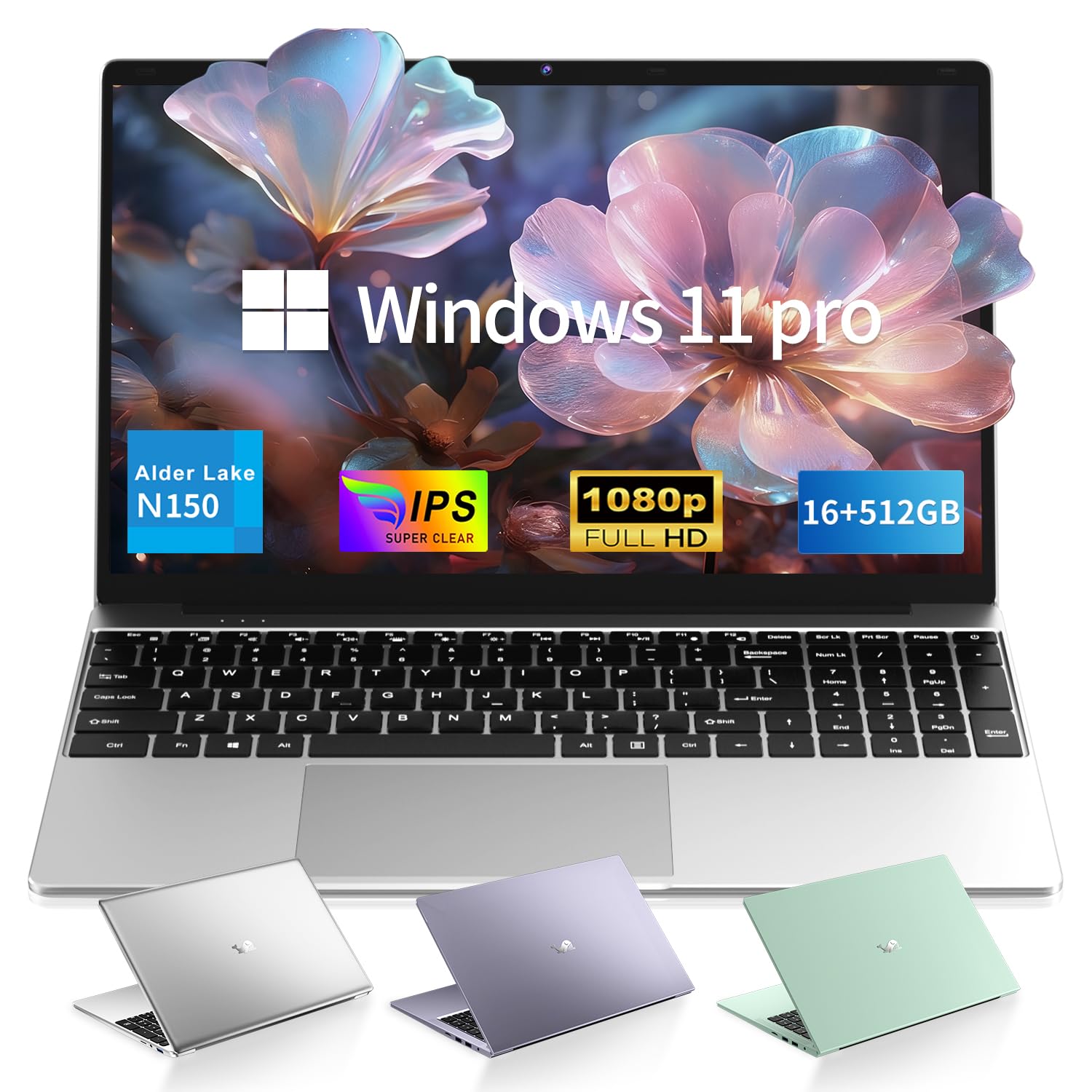 2026 Laptop Computer 15.6" FHD IPS Display, 16GB RAM 512GB SSD, 4-Core N150 Processor up to 3.6GHz, with Win 11 Pro, Thin & Light 3.52lbs, Backlit Keyboard, Silver