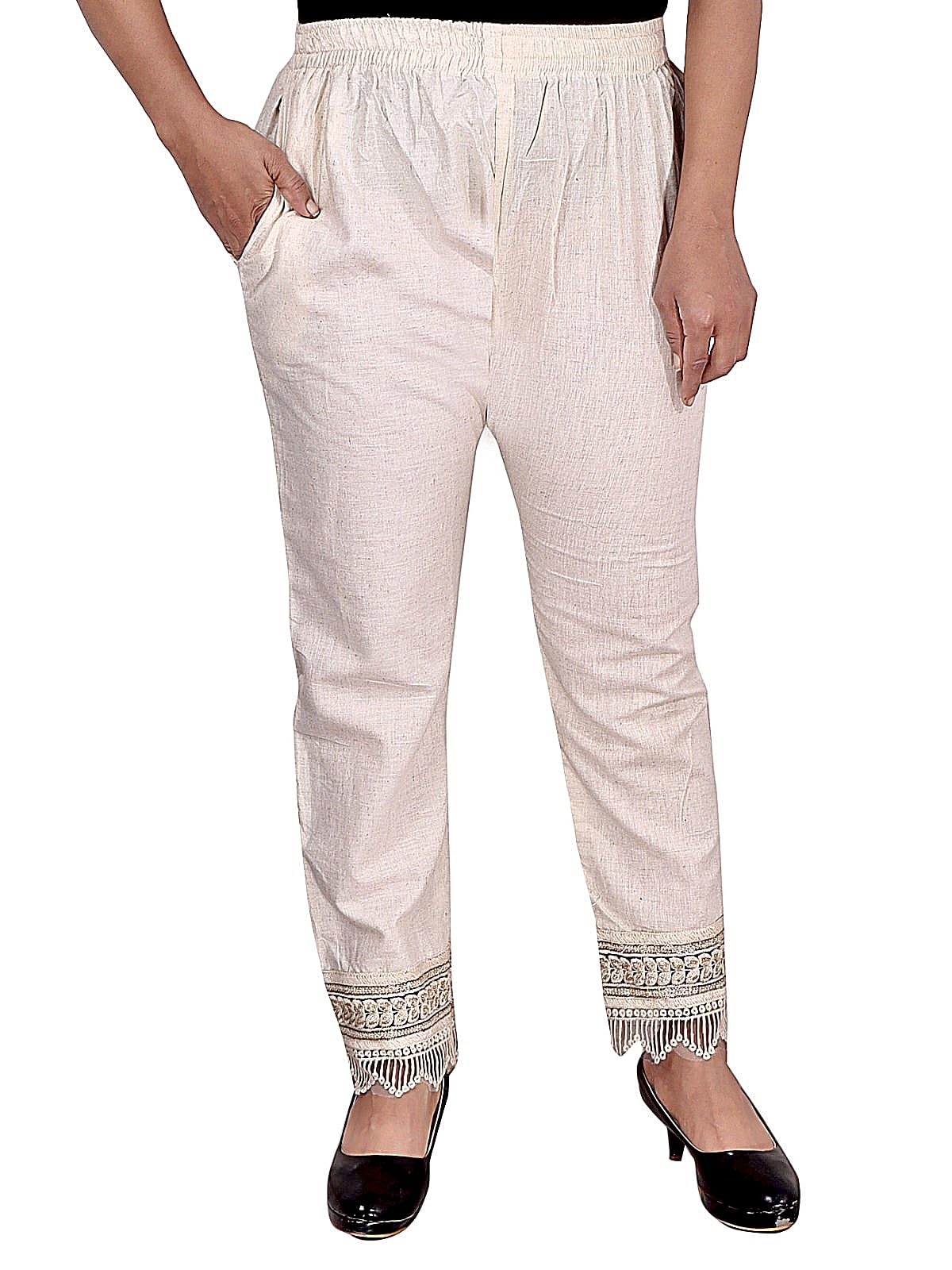 Women's Cotton Palazzo Pants with Lace Border, Elastic Waist, Off-White-picture-21