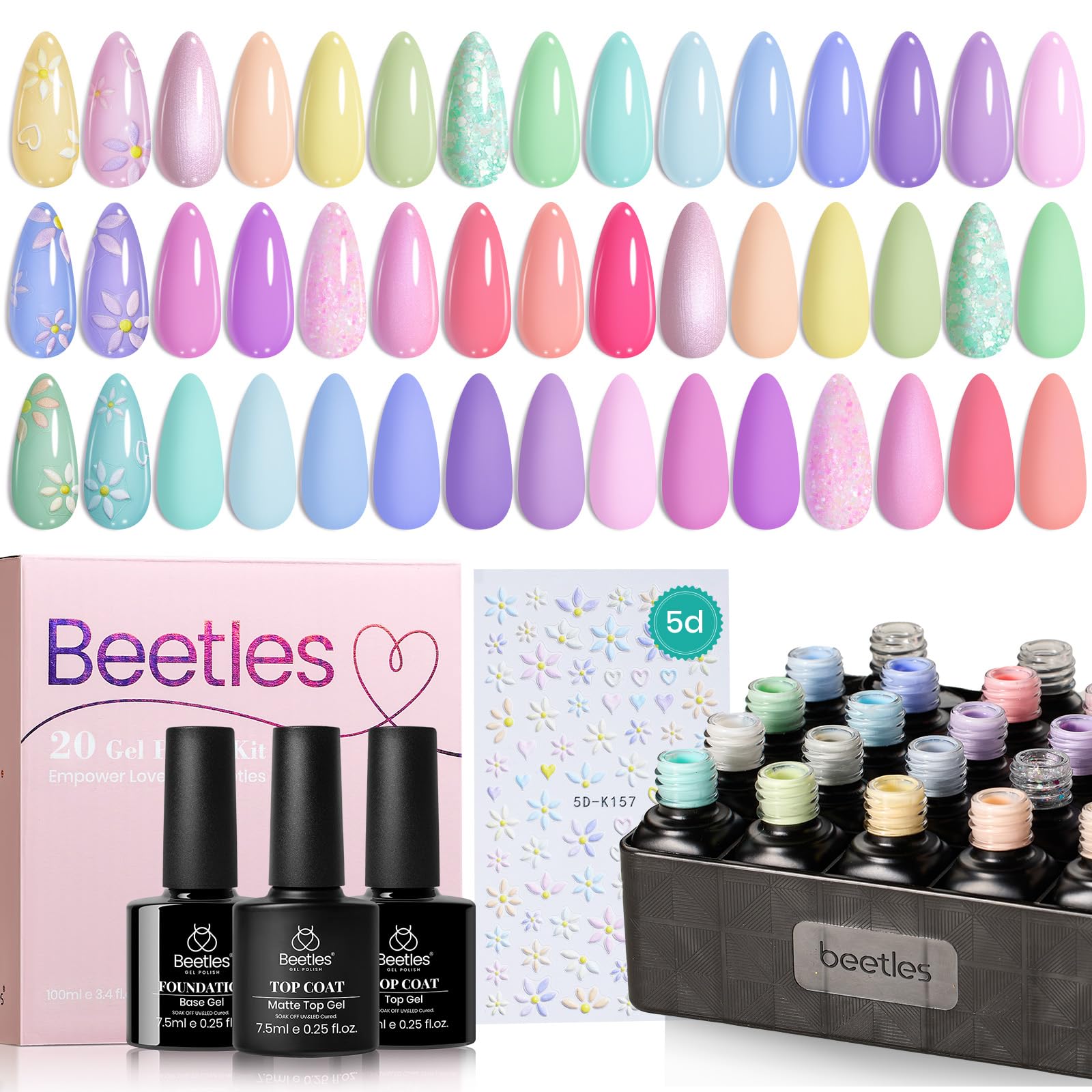 Beetles Pink Gel Nail Polish Set, 20 Color Macaron Colors Bright Pink Green Pastel Nail Polish Kit with Base Gel Glossy & Matte Top Coat Soak off Uv Nail Art Halloween Gifts for Women