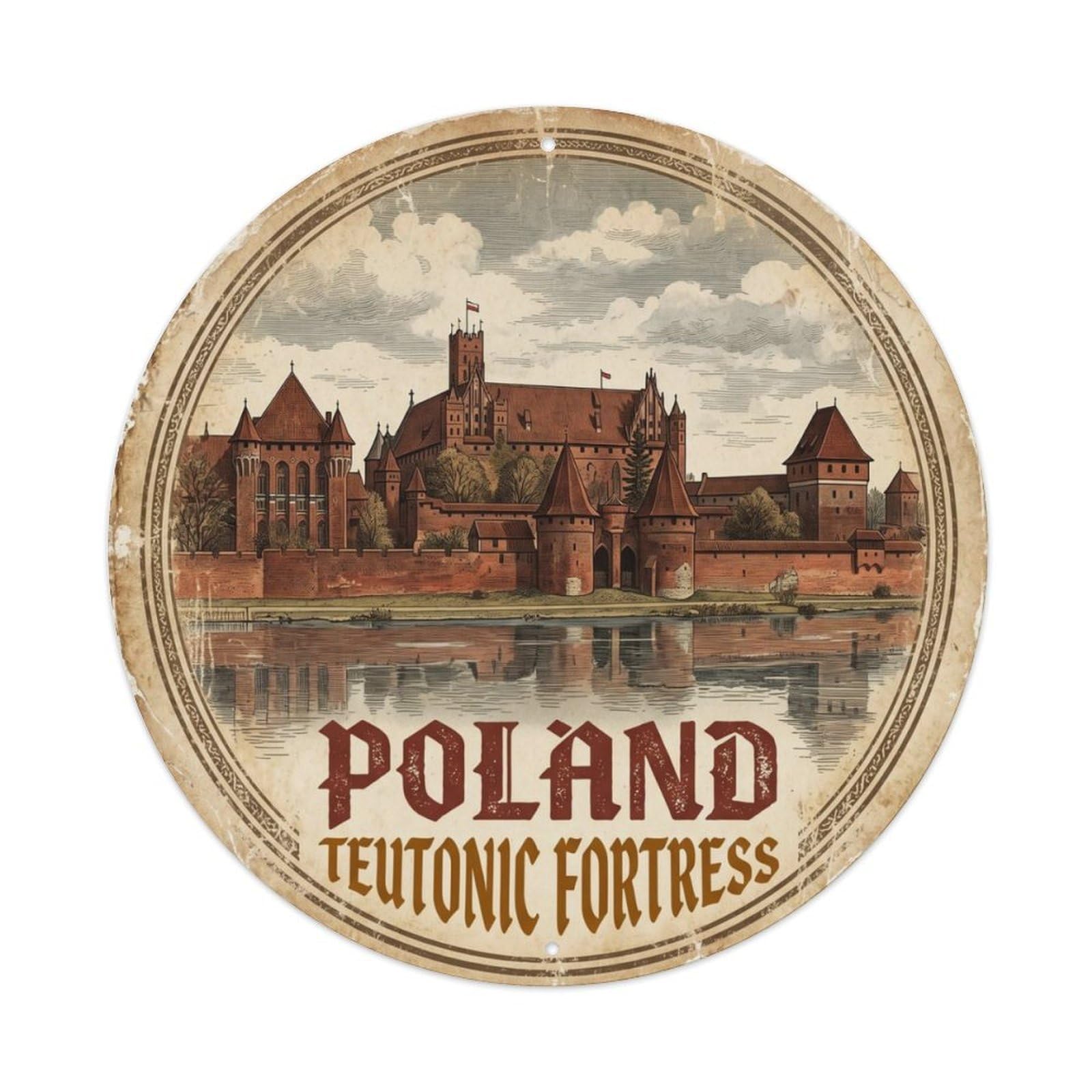 Vintage Travel Malbork Teutonic Fortress Metal Tin Sign Plaque Wall Decor for Cafe, Club, Garden Round Metal Poster 8x8Inch