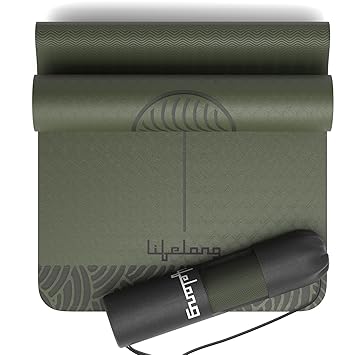 Lifelong Yoga Mat for Men & Women | 6mm Thick TPE Cushioning | Non-Toxic & Sweat-Resistant | Lightweight & Portable with Carry Bag | Home & Studio Workout Mat | Made in India (Olive Green) - image, photos