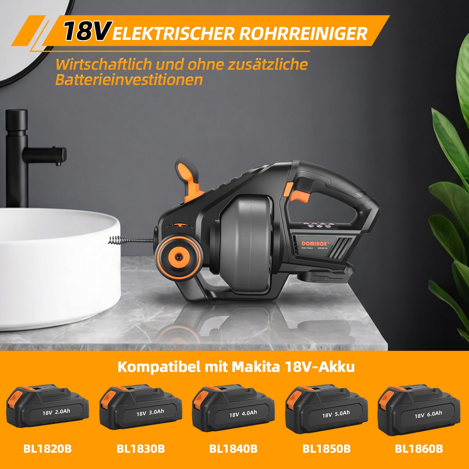 Rohrreinigungsspirale Akku-Rohrreiniger für Makita 18V Akku | 7,6m Elektrischer Abflussreiniger für Rohre von 19-51mm, Für Abflussrohre von Toilette und Küche, Keine Batterie