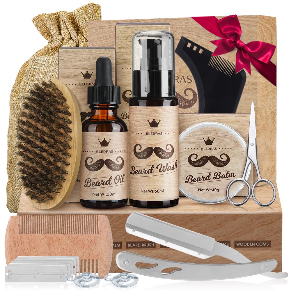 Kit Barba para Hombre,Bledras Kit Cuidado Barba Hombre Completo 10 en 1,con Aceite para Barba,Bálsamo para Barba,Champú,Cepillo para Barba,Peine,Maquinilla de Afeitar,Regalo de San Navidad para Hombre