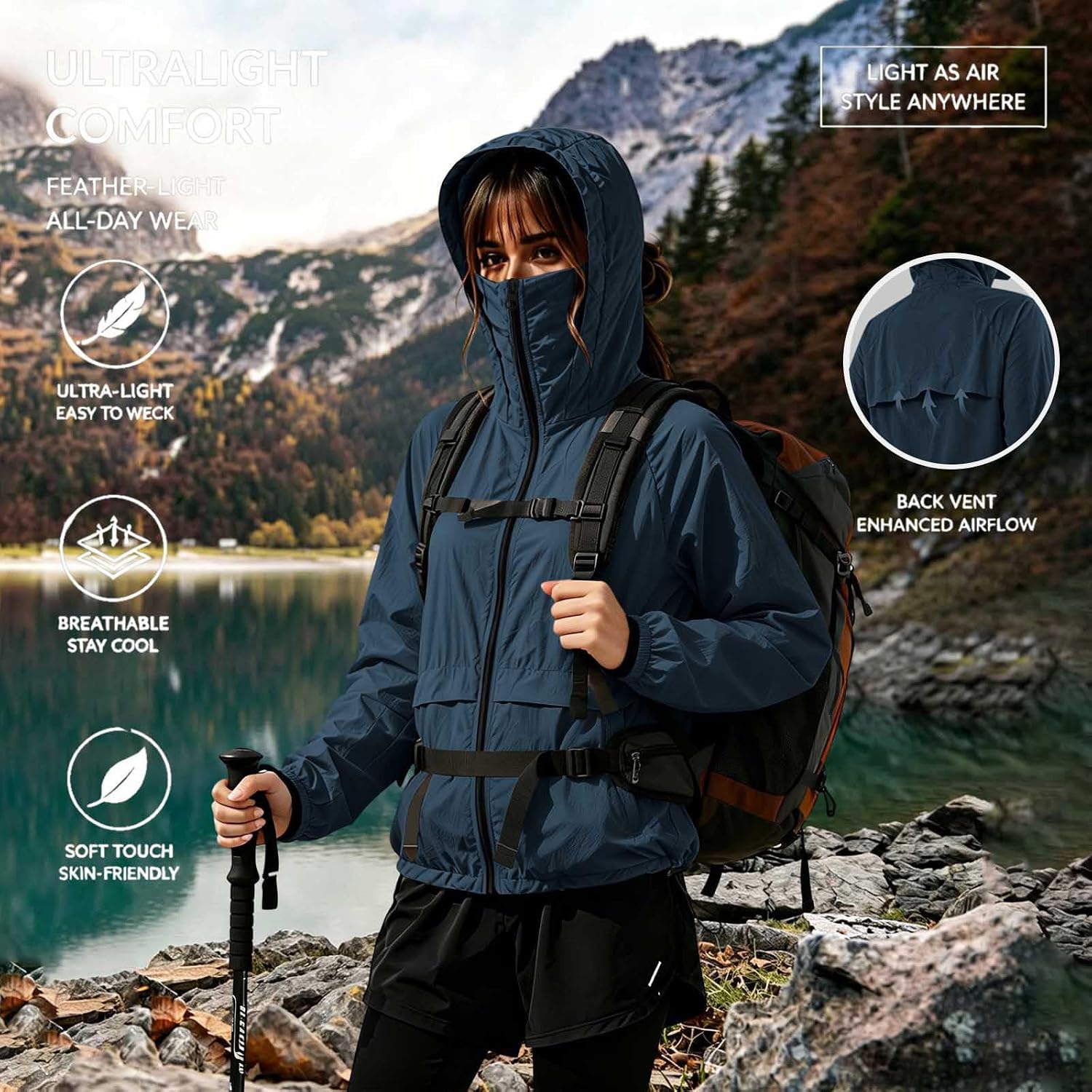 Windbreaker for Women Lightweight Hooded Zip Up Vented Jacket | Women's Breathable Softshell Coat with Back Vent Airflow, Cinch Waist, Zip Pockets for Travel Outdoor Fall Spring