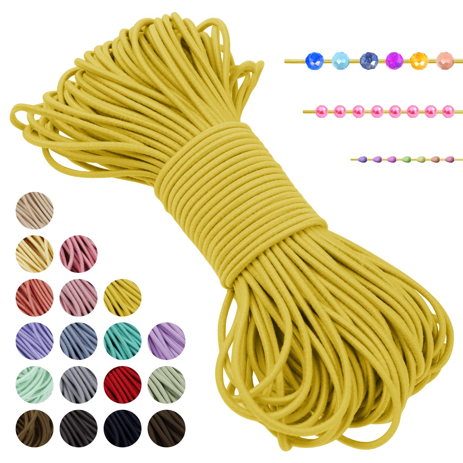 LEREATI Bright Yellow Elastic Cord 2mm x 20m, Stretchy String for Bracelets, Necklace, Sewing, Beading, Jewellery Making